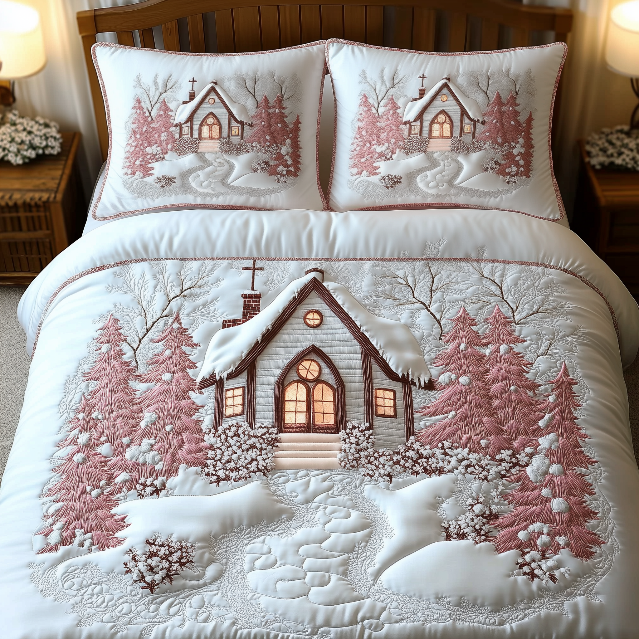 Elegant White Christmas Cabin Quilted Bedding Set Bed Room Decoration White Cabin Gift For Friends - Tradiviet