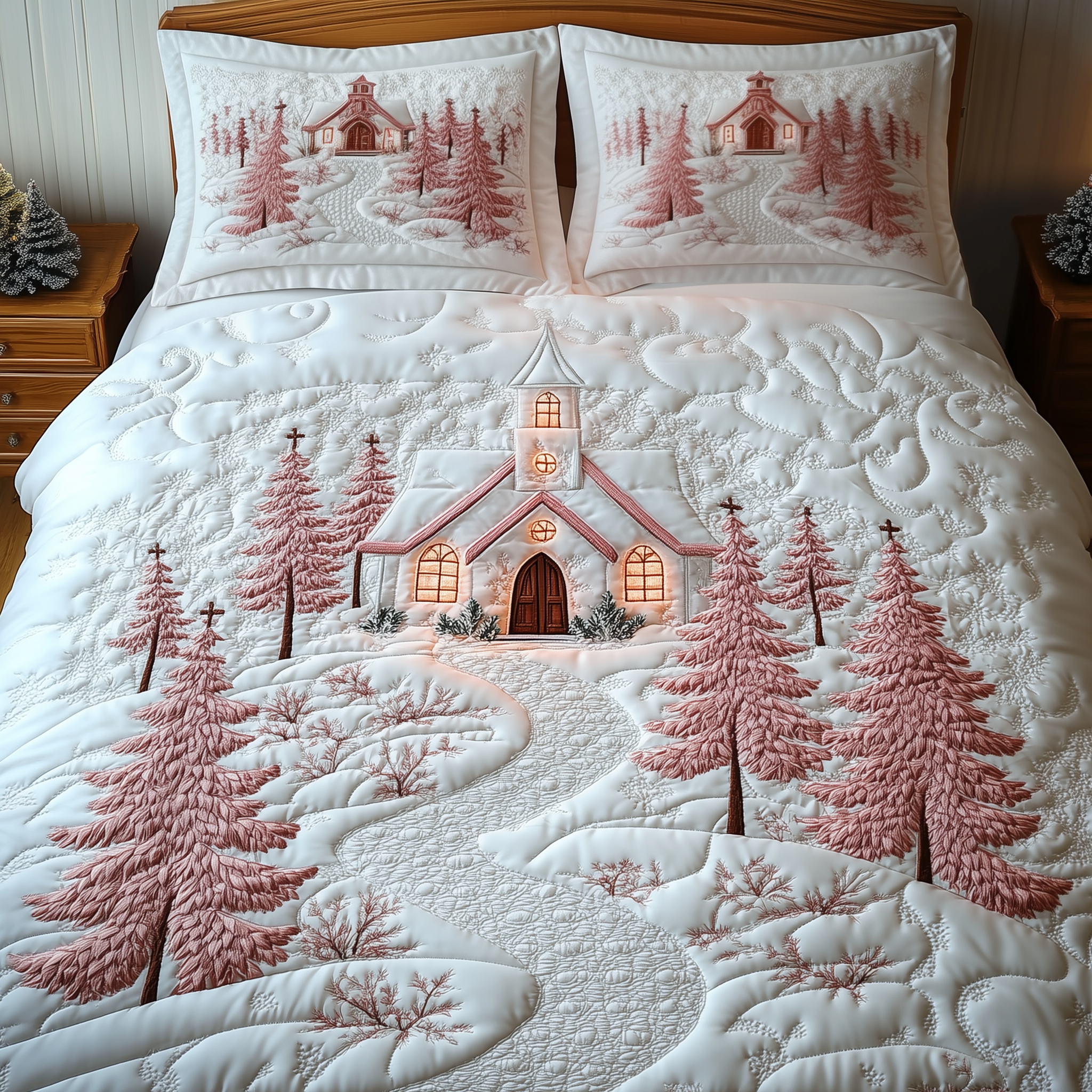 Elegant White Christmas Cabin Quilted Bedding Set Bedroom Decorations Gift For Nature Lovers White Cabin - Tradiviet