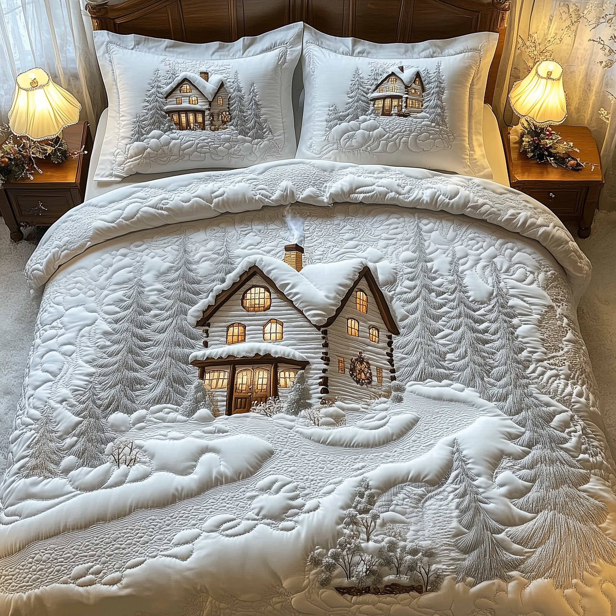Elegant White Christmas Cabin Quilted Bedding Set Holiday Decorations White Cabin Home Decor Gift - Tradiviet