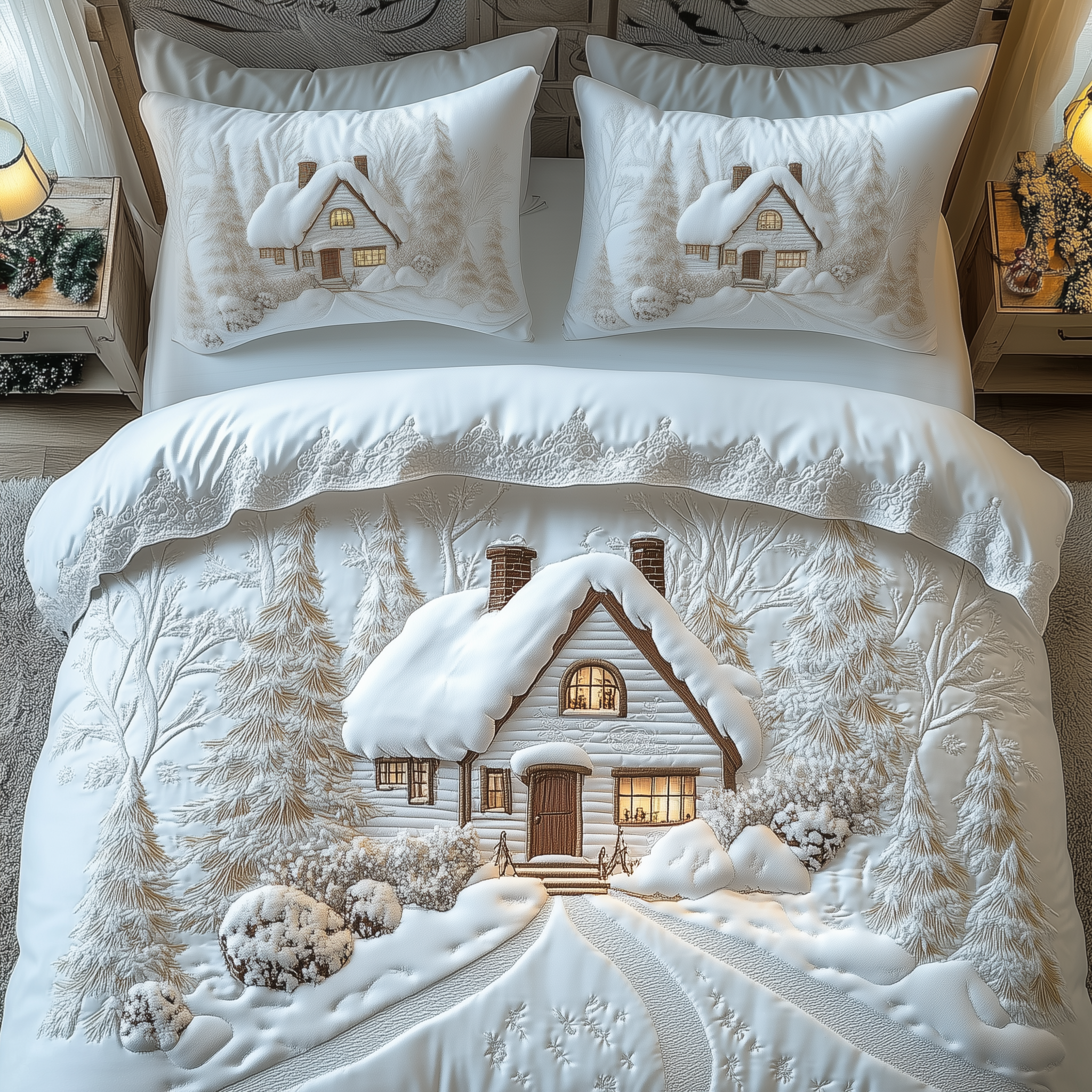 Elegant White Christmas Cabin Quilted Bedding Set Holiday House Decorations White Cabin Gift For Her - Tradiviet