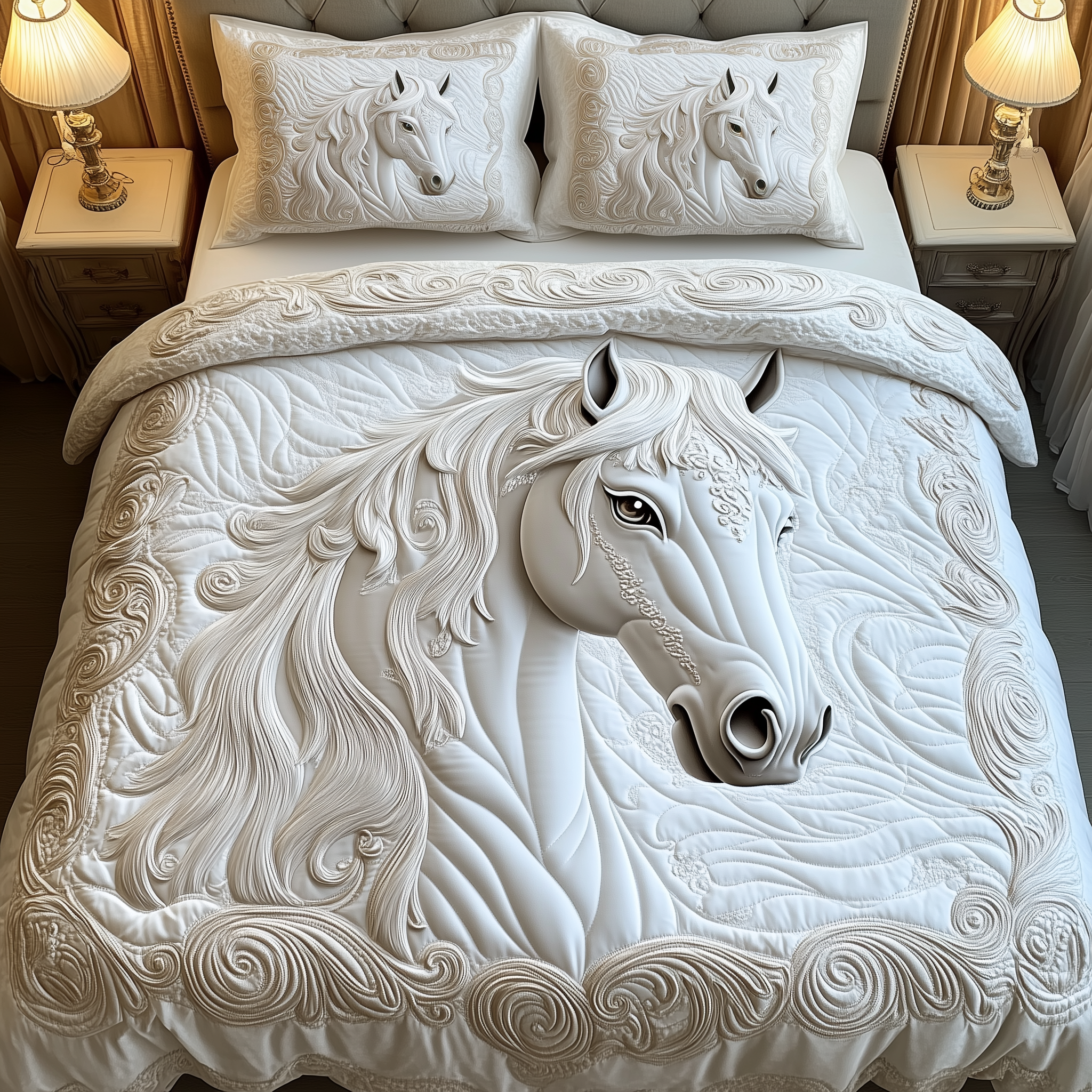 Elegant White Horse Quilted Bedding Set Bohemian Bedroom Furniture Gifts For Horse Lovers Woman - Tradiviet