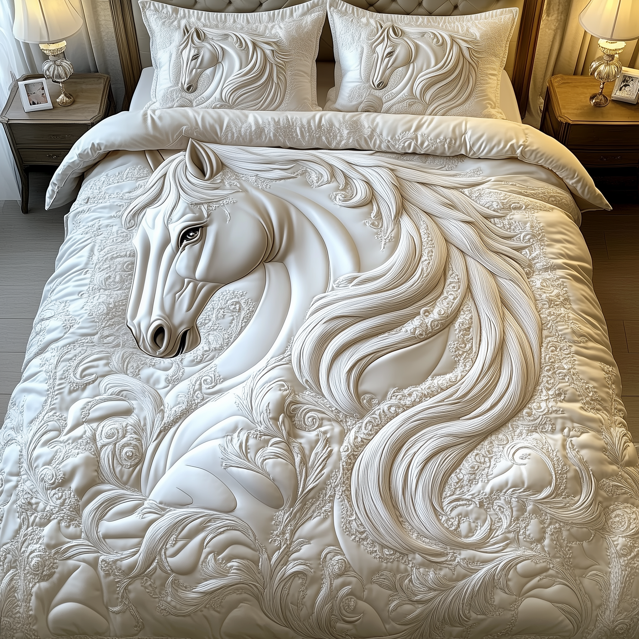 Elegant White Horse Quilted Bedding Set Holiday Home Decor Ideas Gifts For Someone Who Likes Horses - Tradiviet