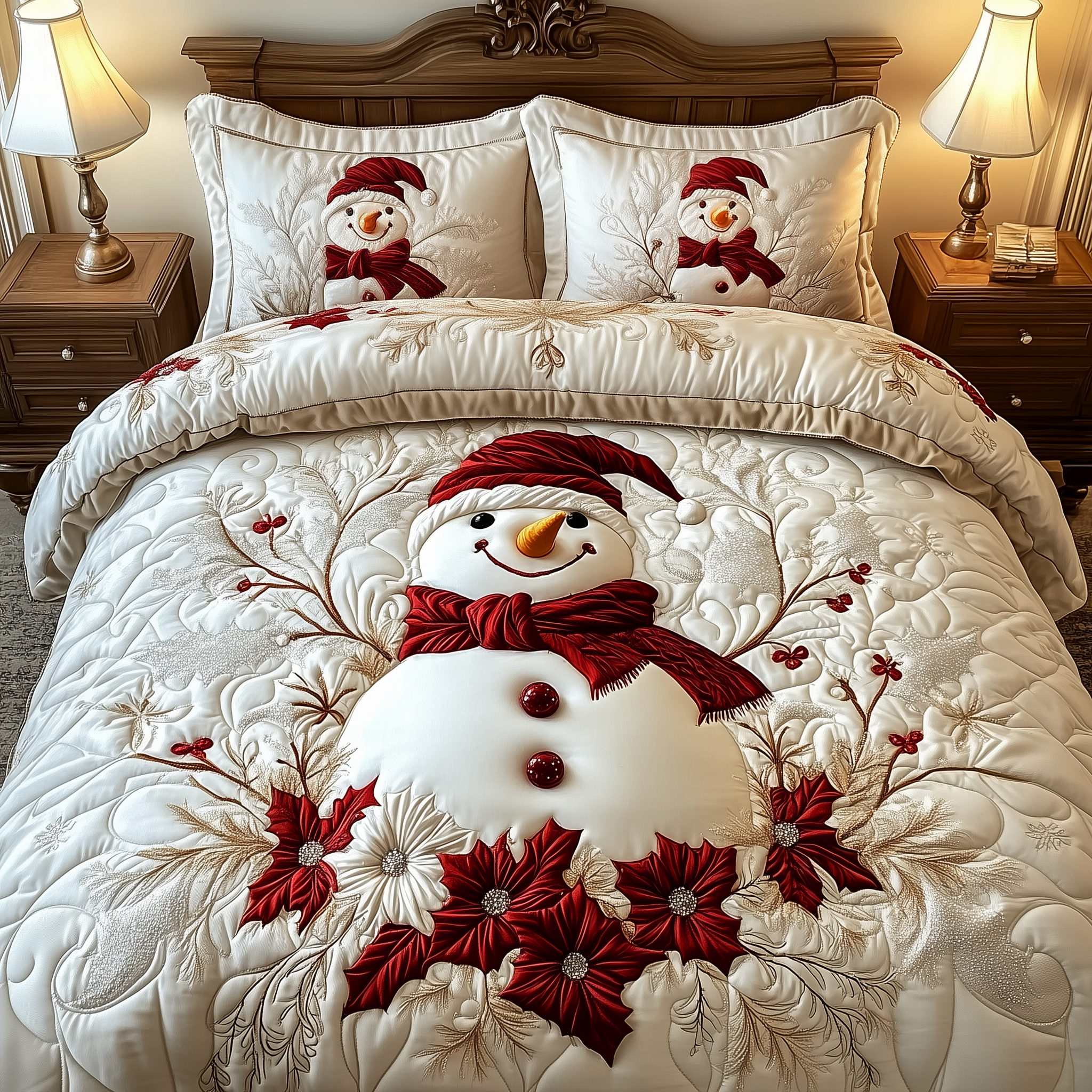 Elegant Winter Snowman Quilted Bedding Set Holiday Bedroom Decor Snowman Christmas Gifts - Tradiviet