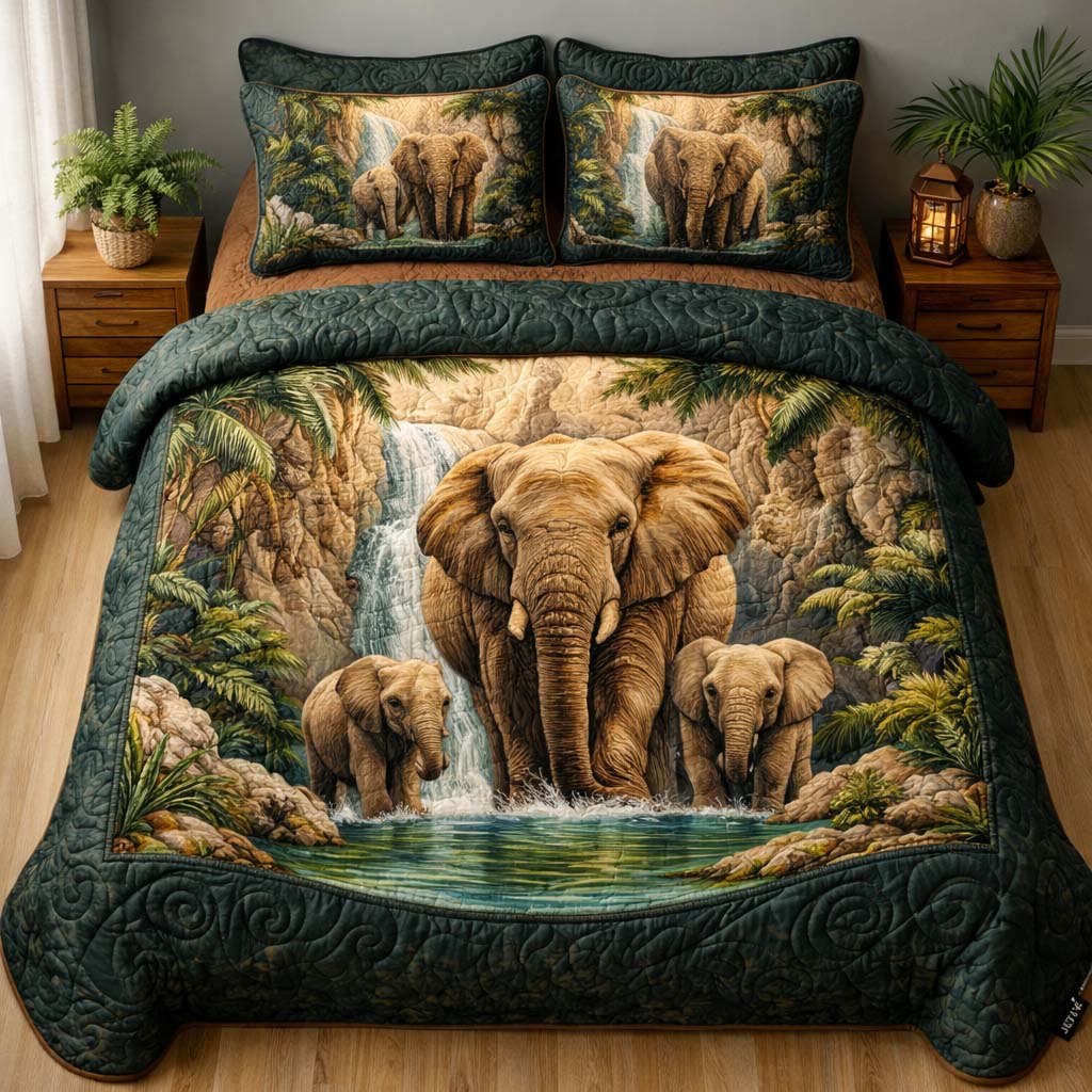 Elephant Oasis Quilted Bedding Set Holiday Home Decor Unique Elephant Themed Gifts - Tradiviet