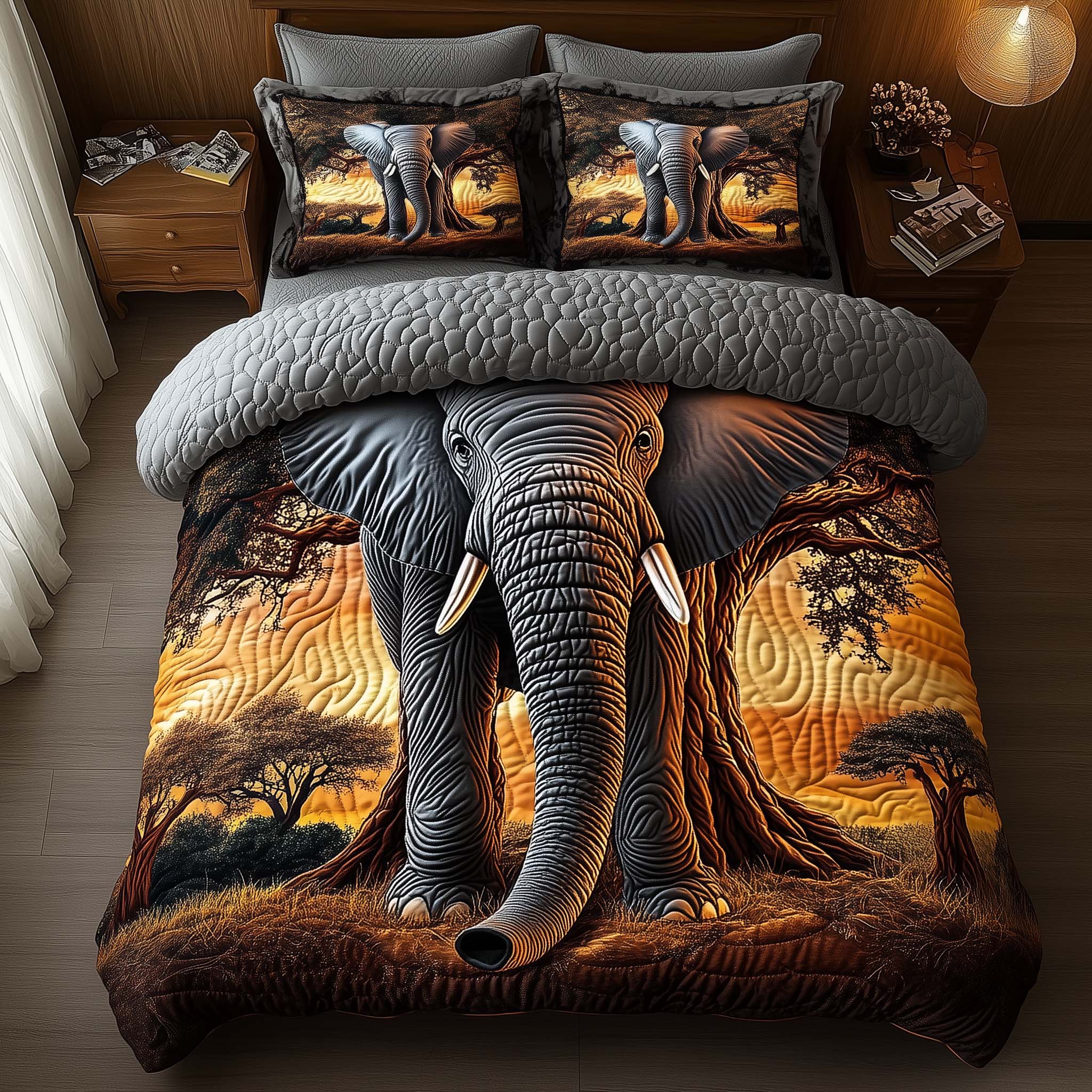 Elephant Quilted Bedding Set Autumn Inspired Bedroom Gift For Elephant Lovers - Tradiviet