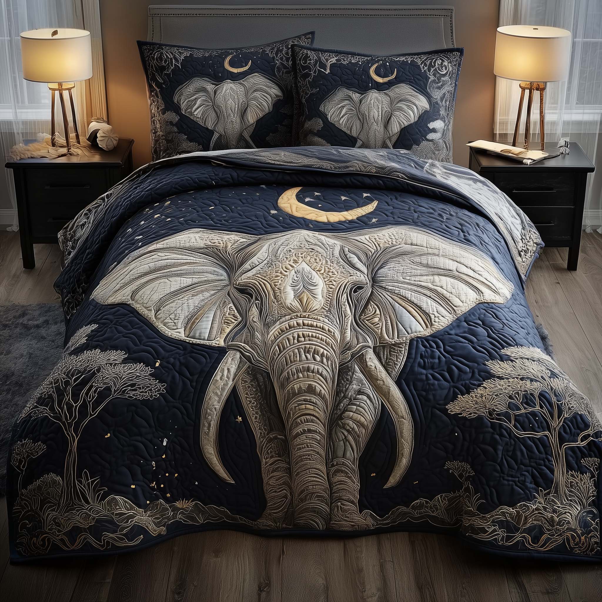 Elephant Quilted Bedding Set Bohemian Bedroom Furniture Cute Gift For Elephant Lovers - Tradiviet