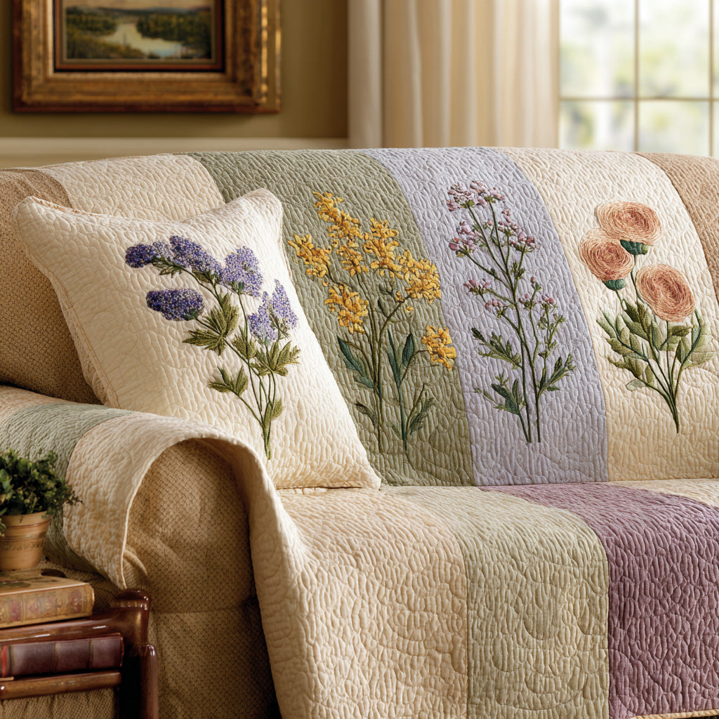 Embroidered Wildflowers Quilted Sofa Cover Floral Farmhouse Sofa Decor