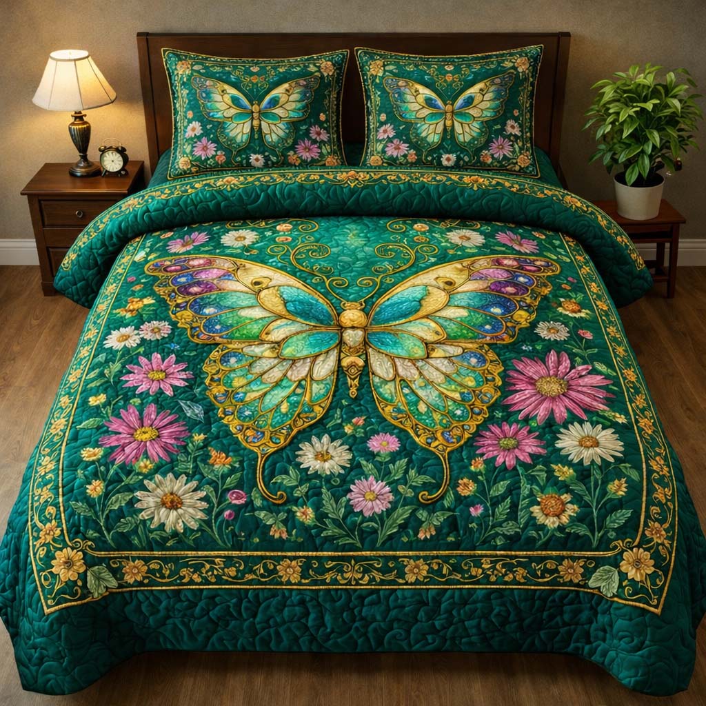 Emerald Butterfly Garden Quilted Bedding Set Autumn Inspired Bedroom Awesome Butterfly Gifts - Tradiviet