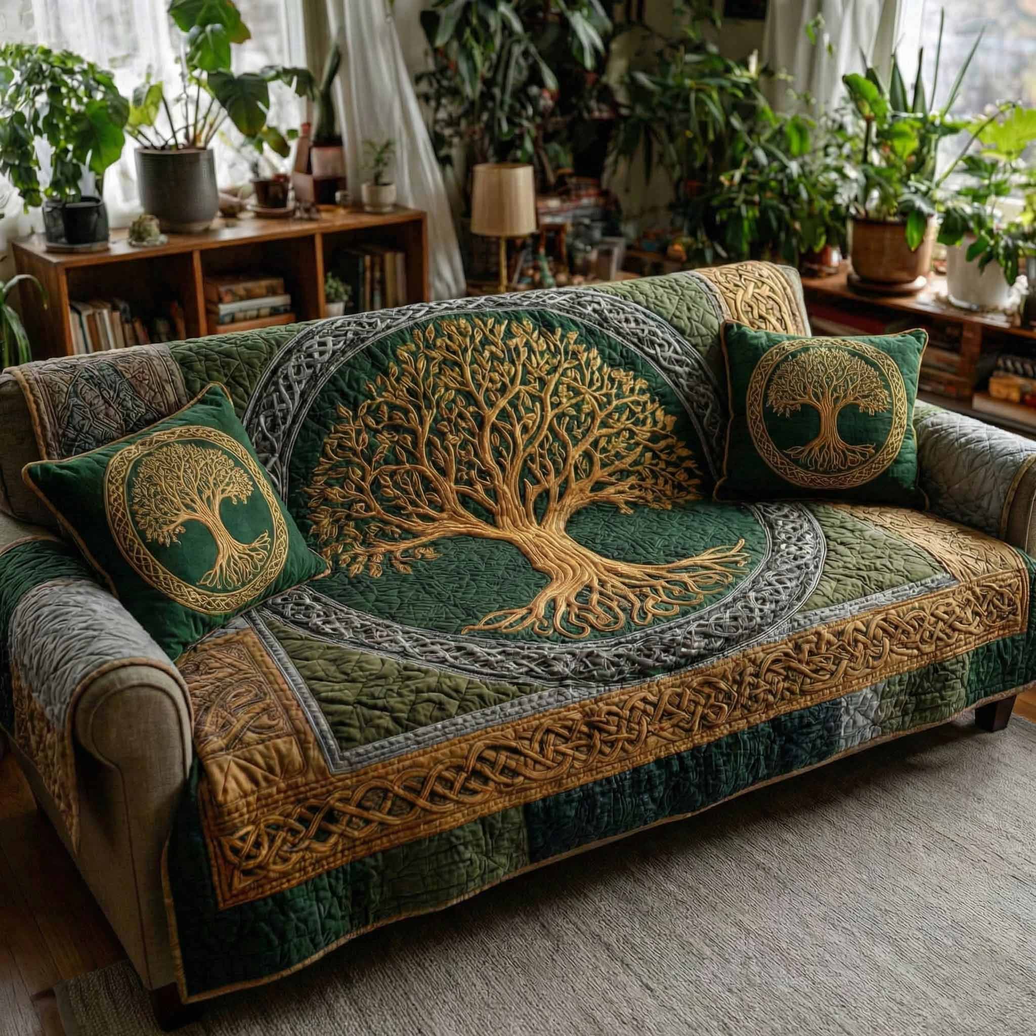 Emerald Canopy Quilted Sofa Cover Forest Themed Sofa Decor