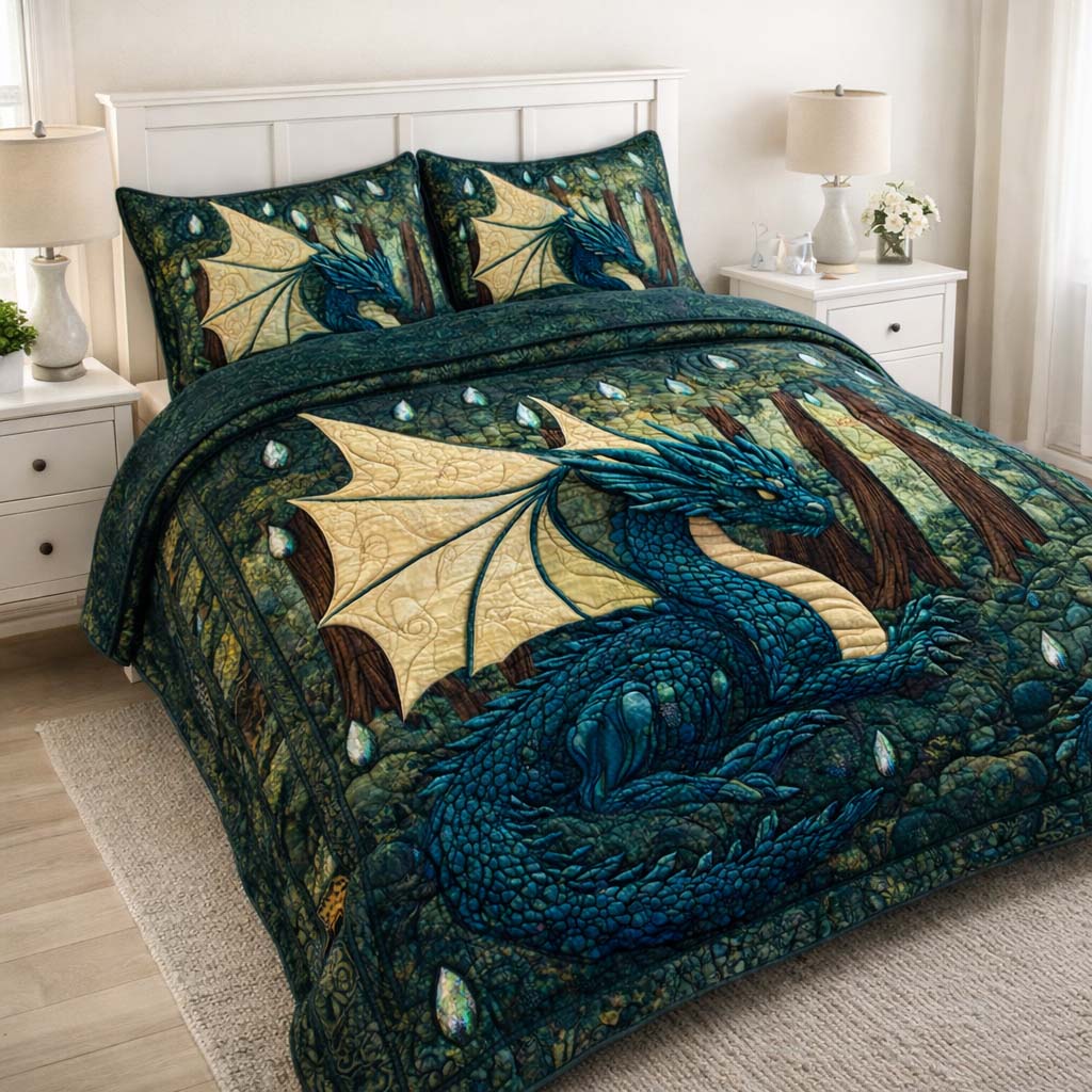 Emerald Forest Dragon Quilted Bedding Set Autumn Inspired Bedroom Great Dragon Lover Gift Ideas - Tradiviet