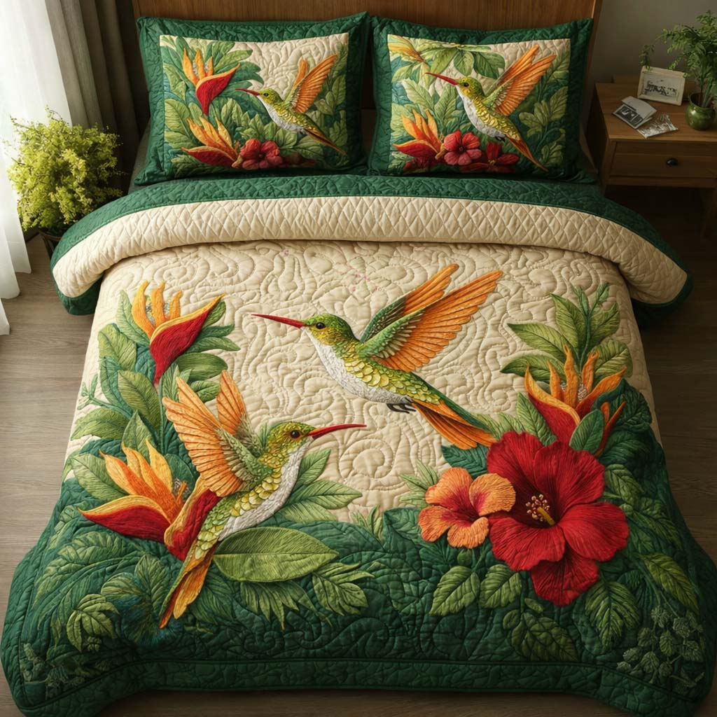Emerald Hibiscus Quilted Bedding Set Holiday Home Decor Gifts For Your Mom - Tradiviet