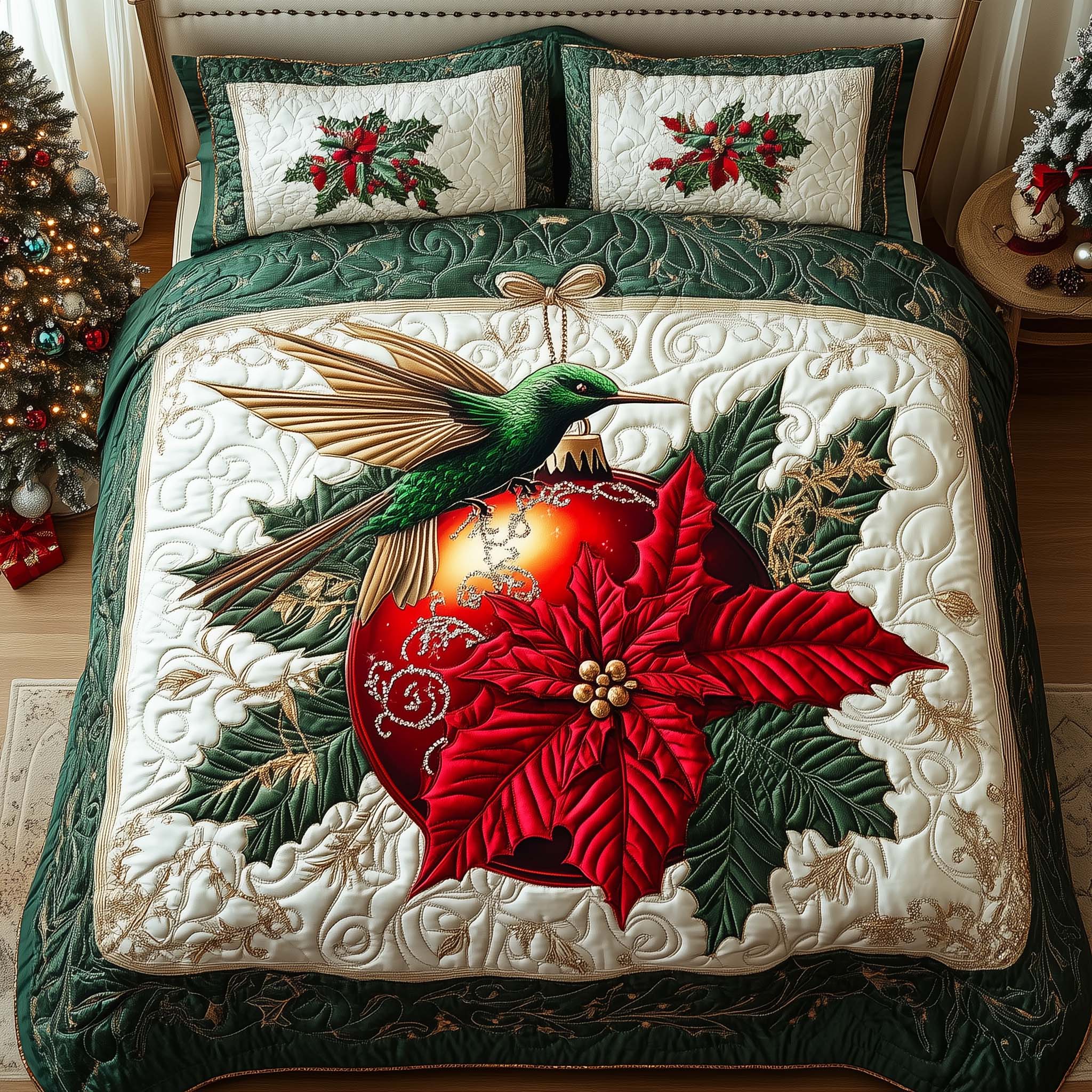 Emerald Ornament Quilted Bedding Set Holiday Home Decor Gift For Elegant Decor - Tradiviet