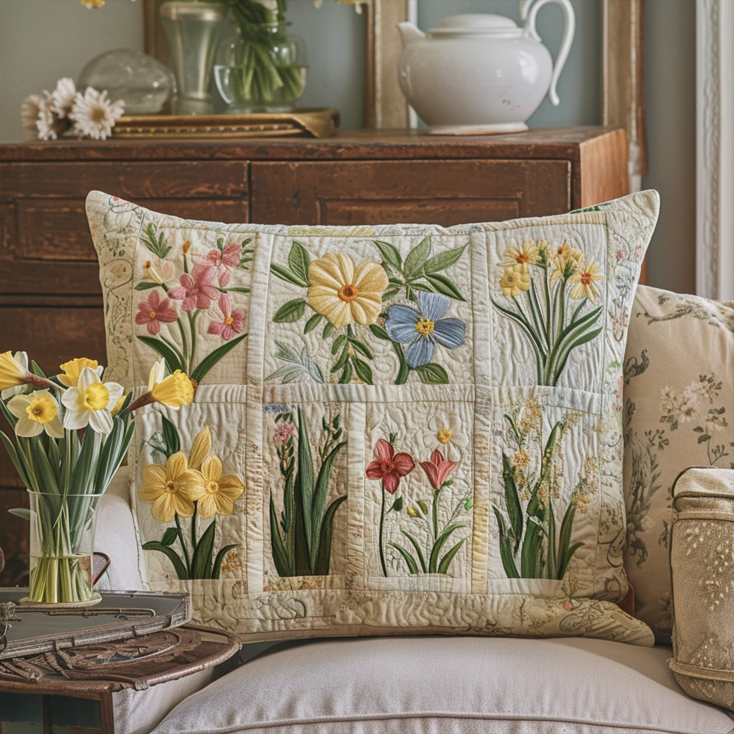 Enchanted Garden Quilted Pillow Case Spring Nature Inspired Room Decor Best Gift For Mom - Tradiviet