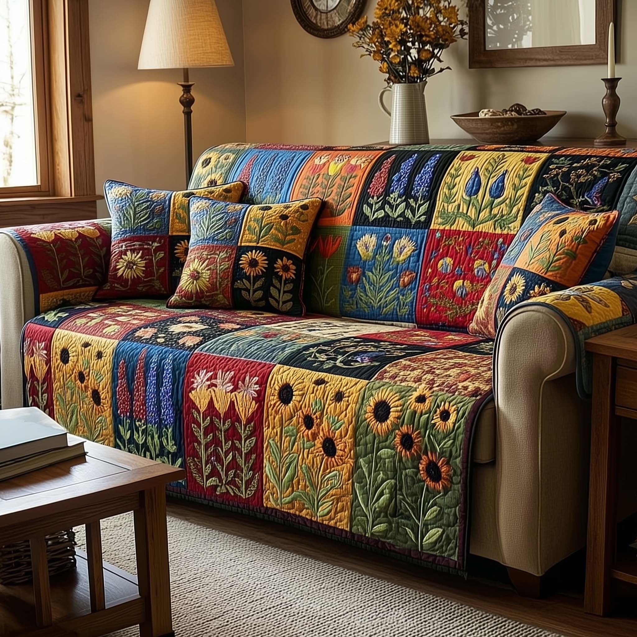 Everbloom Cover Quilted Sofa Cover Spring Floral Living Room Decor