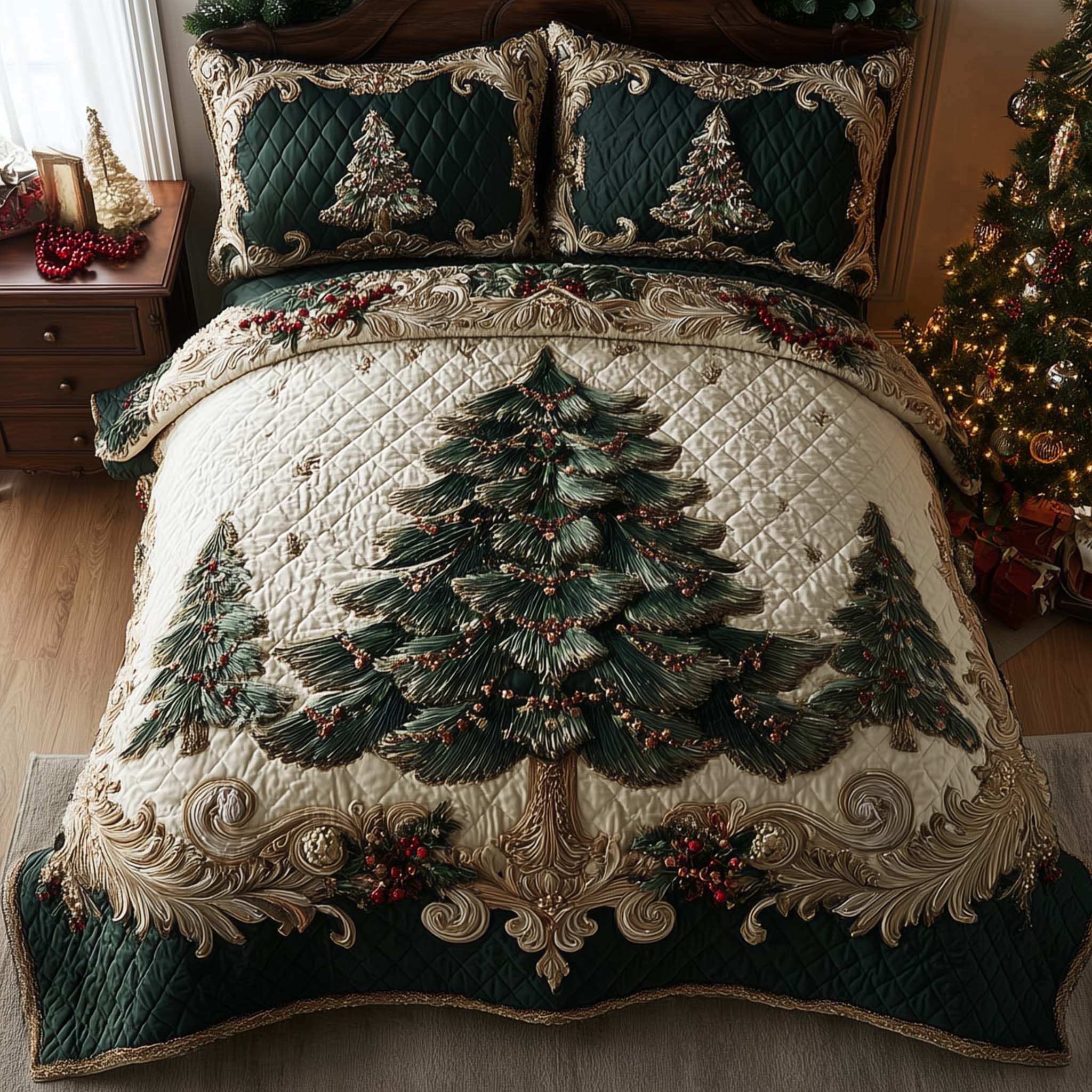 Evergreen Charm Quilted Bedding Set Autumn Inspired Bedroom Gift For Rustic Home Lovers - Tradiviet