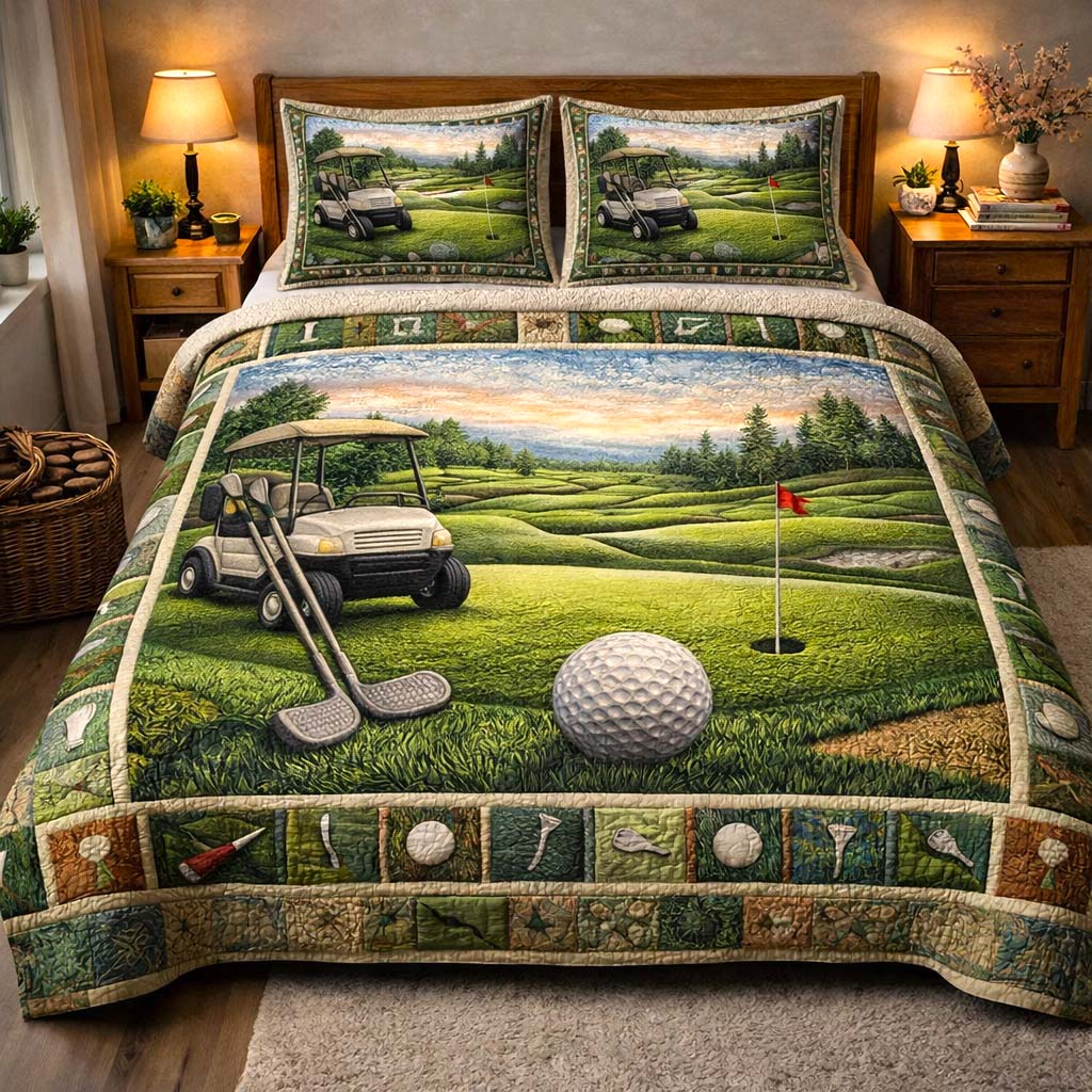 Fairway Golf Quilted Bedding Set Mens Bedroom Decor Gift For Golf Fans - Tradiviet