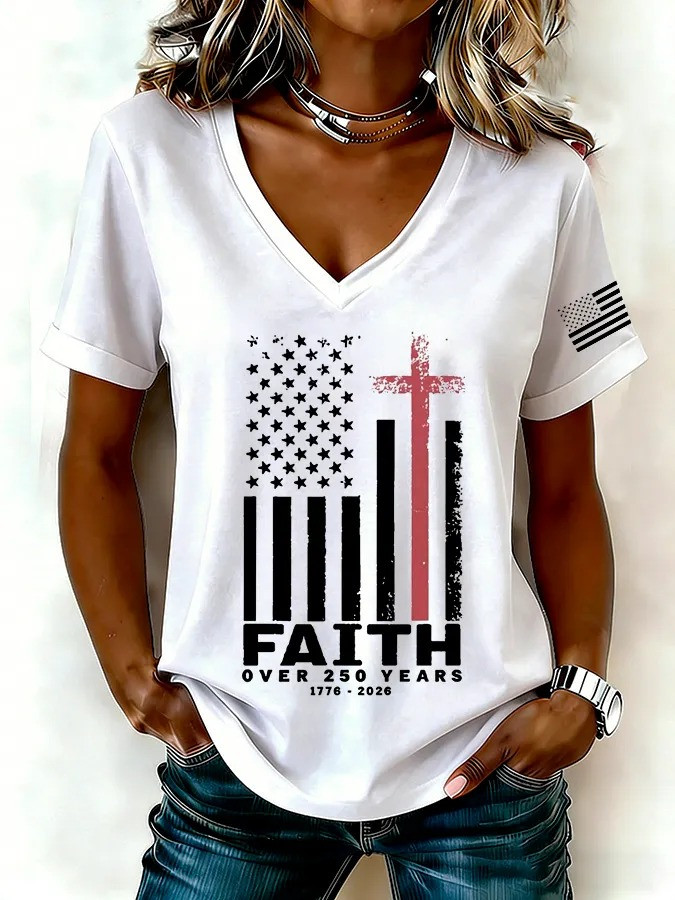 Faith Over 250 Years V-Neck Shirt USA 250th America Birthday Apparel Mom Gift - Tradiviet - Image 2