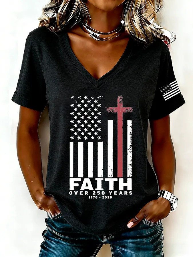 Faith Over 250 Years V-Neck Shirt USA 250th America Birthday Apparel Mom Gift - Tradiviet