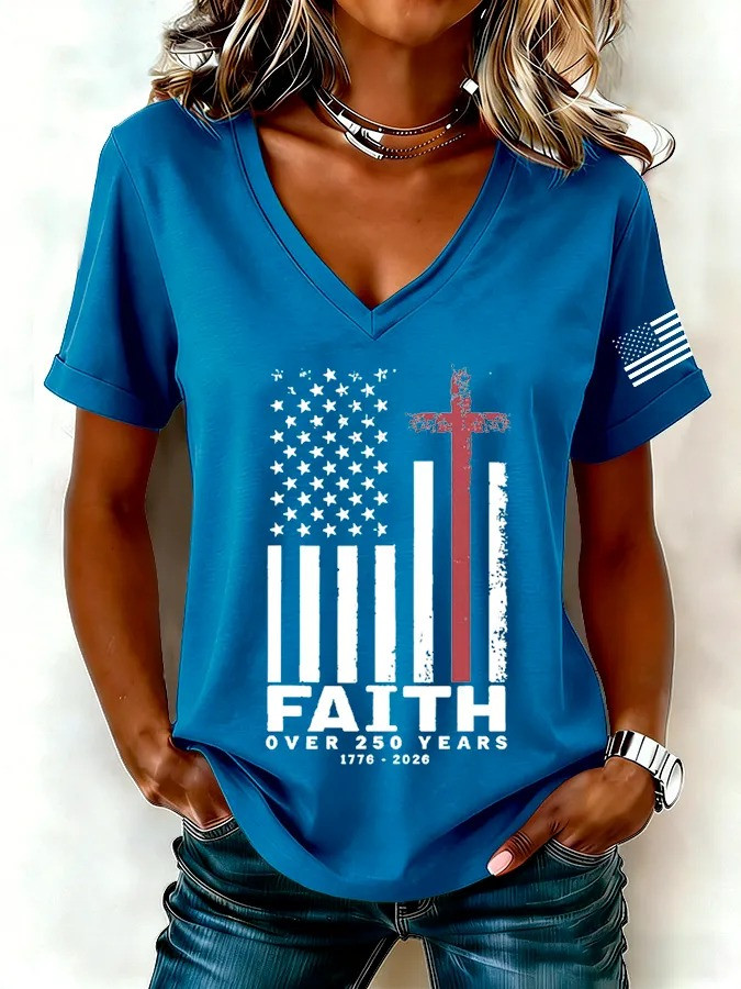 Faith Over 250 Years V-Neck Shirt USA 250th America Birthday Apparel Mom Gift - Tradiviet - Image 3