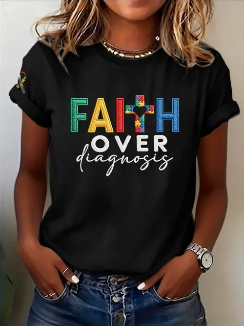 Faith Over Diagnosis T-Shirt Autism Awareness Puzzle Cross Clothing Gift For Autism Families - Tradiviet - Image 2