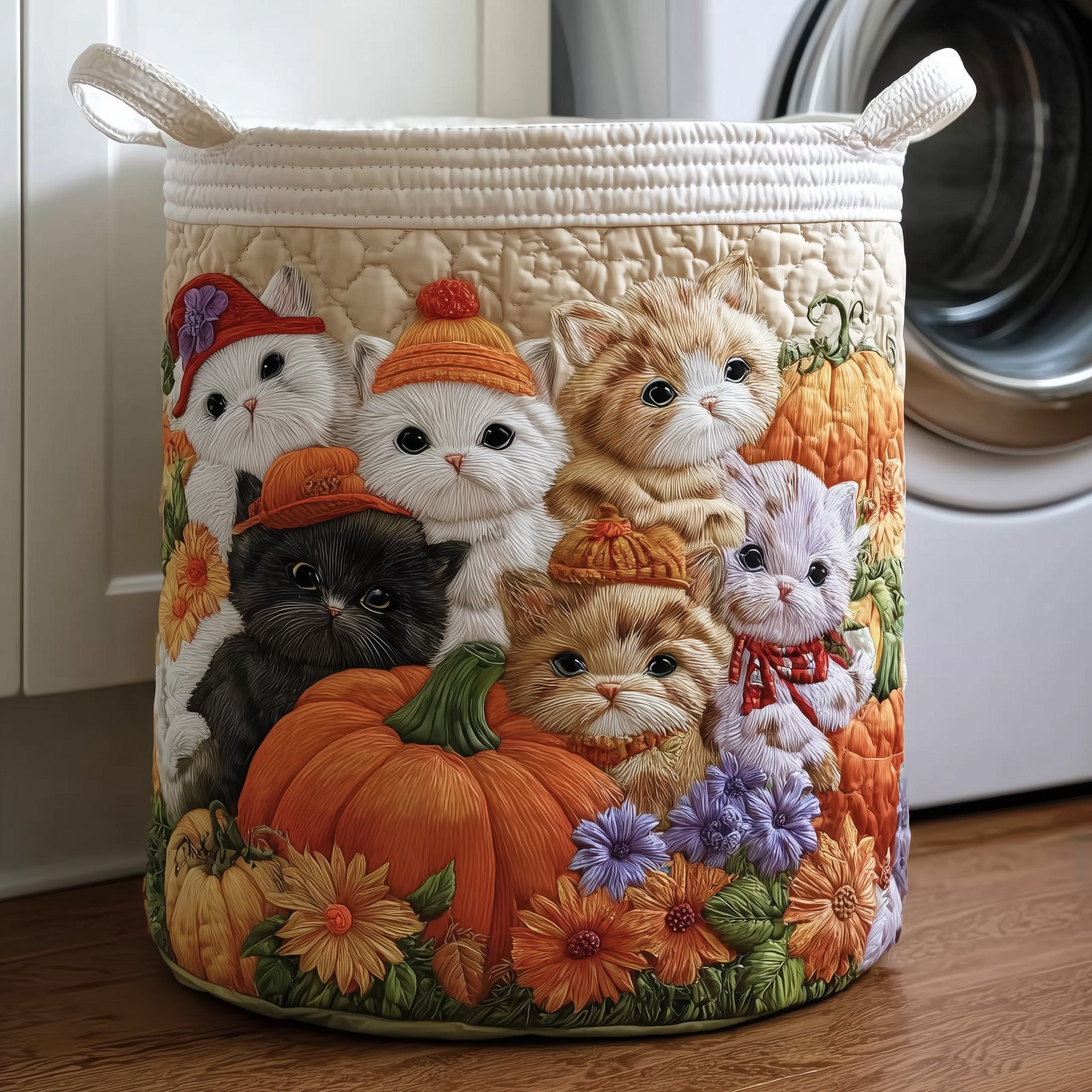 Fall Feline Quilted Laundry Basket Washroom Decor Baskets Presents For Daughter - Tradiviet
