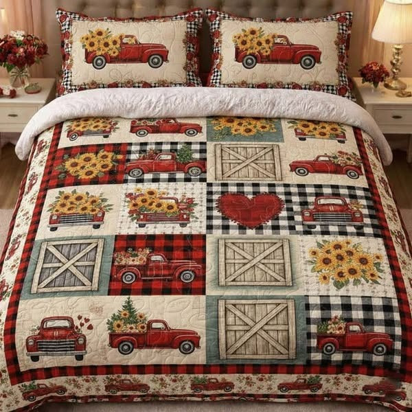 Farm Life 3-Piece Quilted Bedding Set Decorative Spring Floral Elements Easter Themed Gifts - Tradiviet