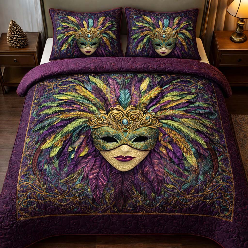 Feather Masque Quilted Bedding Set Mens Bedroom Decor Gift For Artistic Souls - Tradiviet