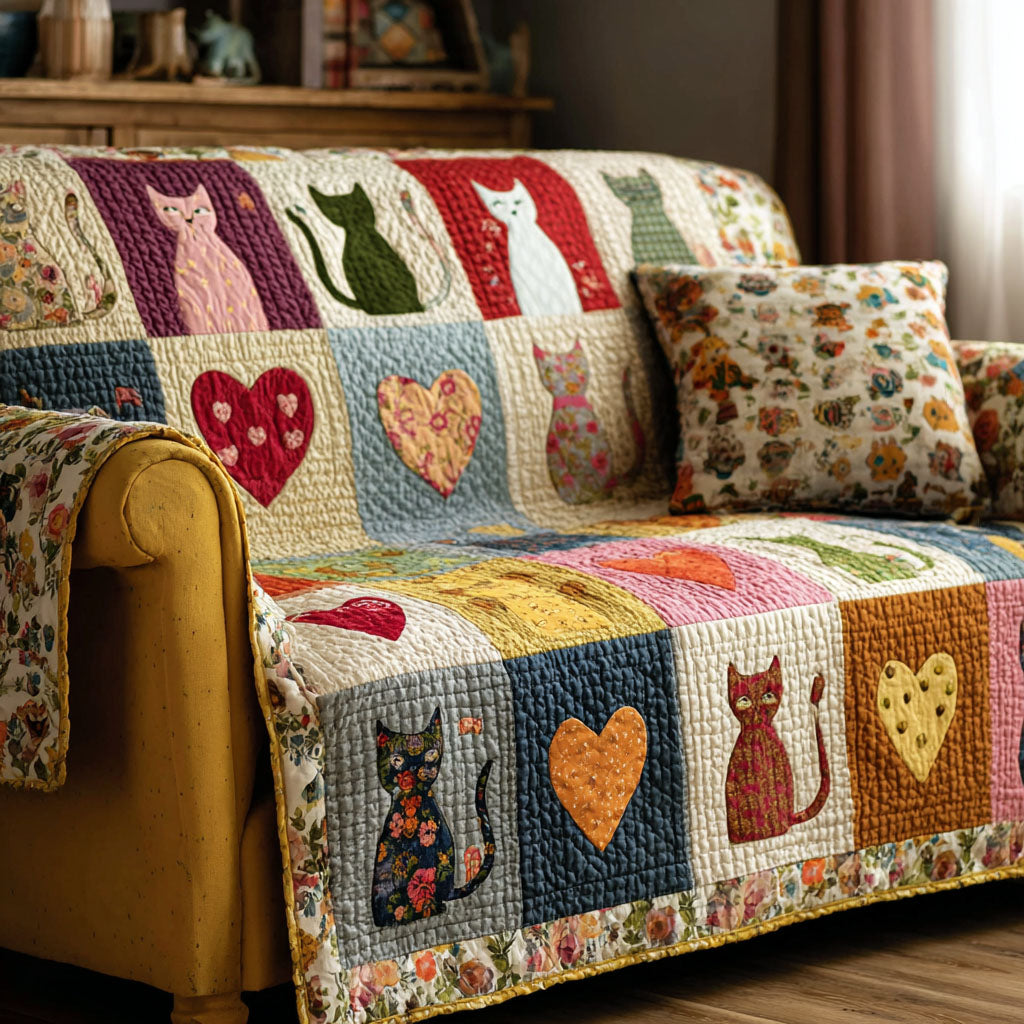 Feline Comfort Quilted Sofa Cover Cat Lover Pattern Cozy Couch Decor