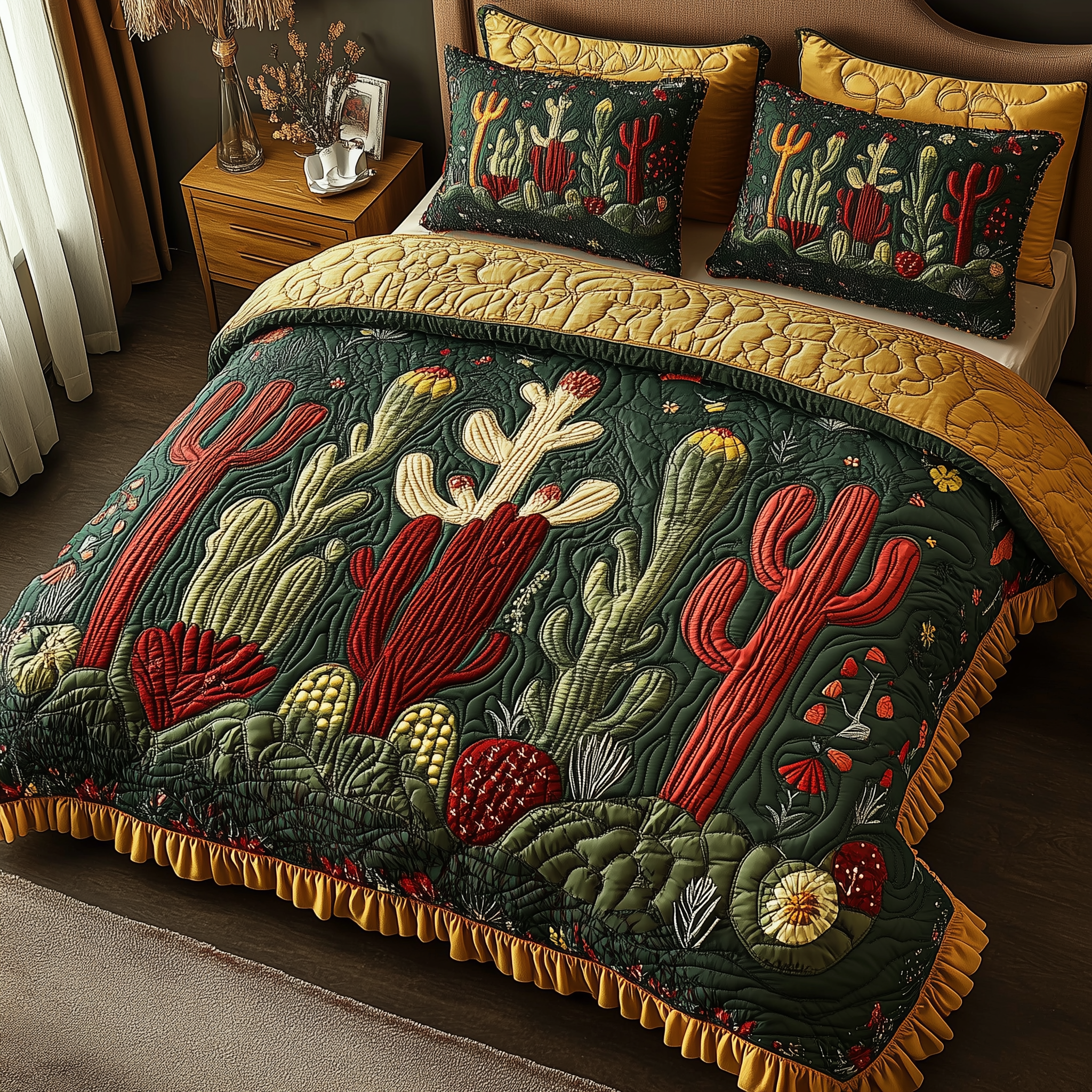 Festive Cactus Quilted Bedding Set Holiday House Decorations Gift For Cactus Lover - Tradiviet