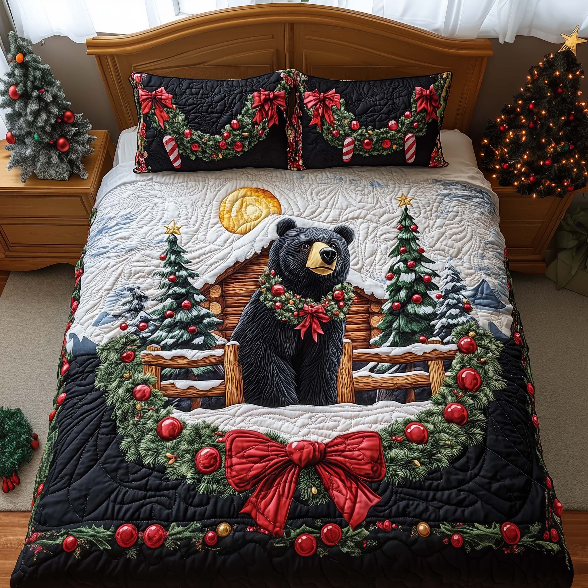 Festive Fence Quilted Bedding Set Holiday Home Decor Gift Ideas For Dad - Tradiviet