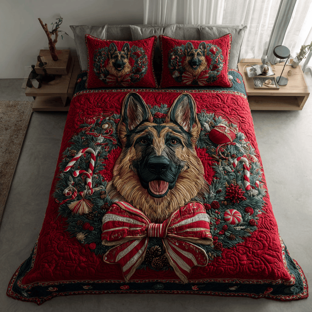 Festive German Shepherd Christmas Quilt Bedding Set Best Luxury Sheets Xmas Gift for Dog Lovers