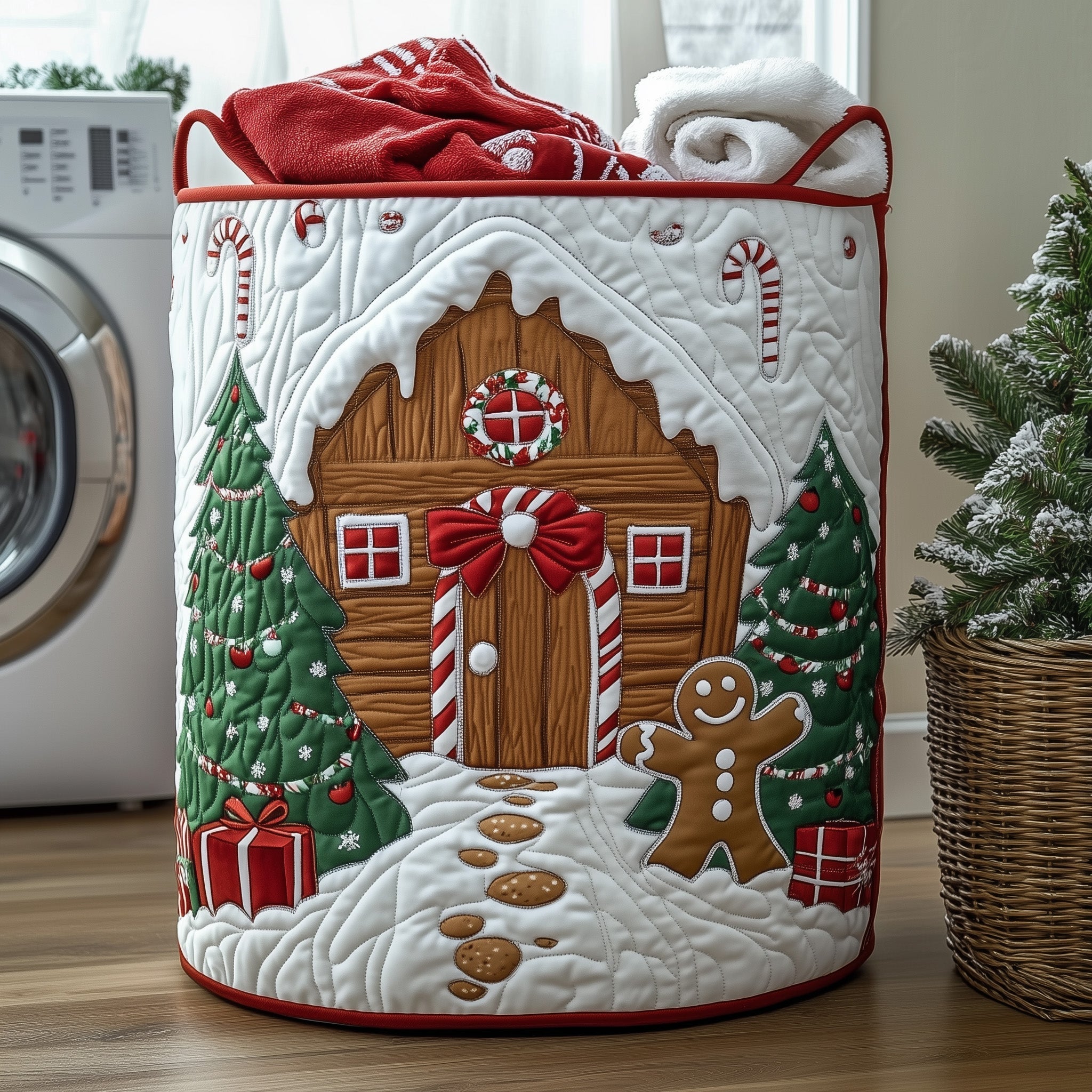 Festive Gingerbread Quilted Laundry Basket Washroom Decor Basket Good Fathers Day Gifts - Tradiviet