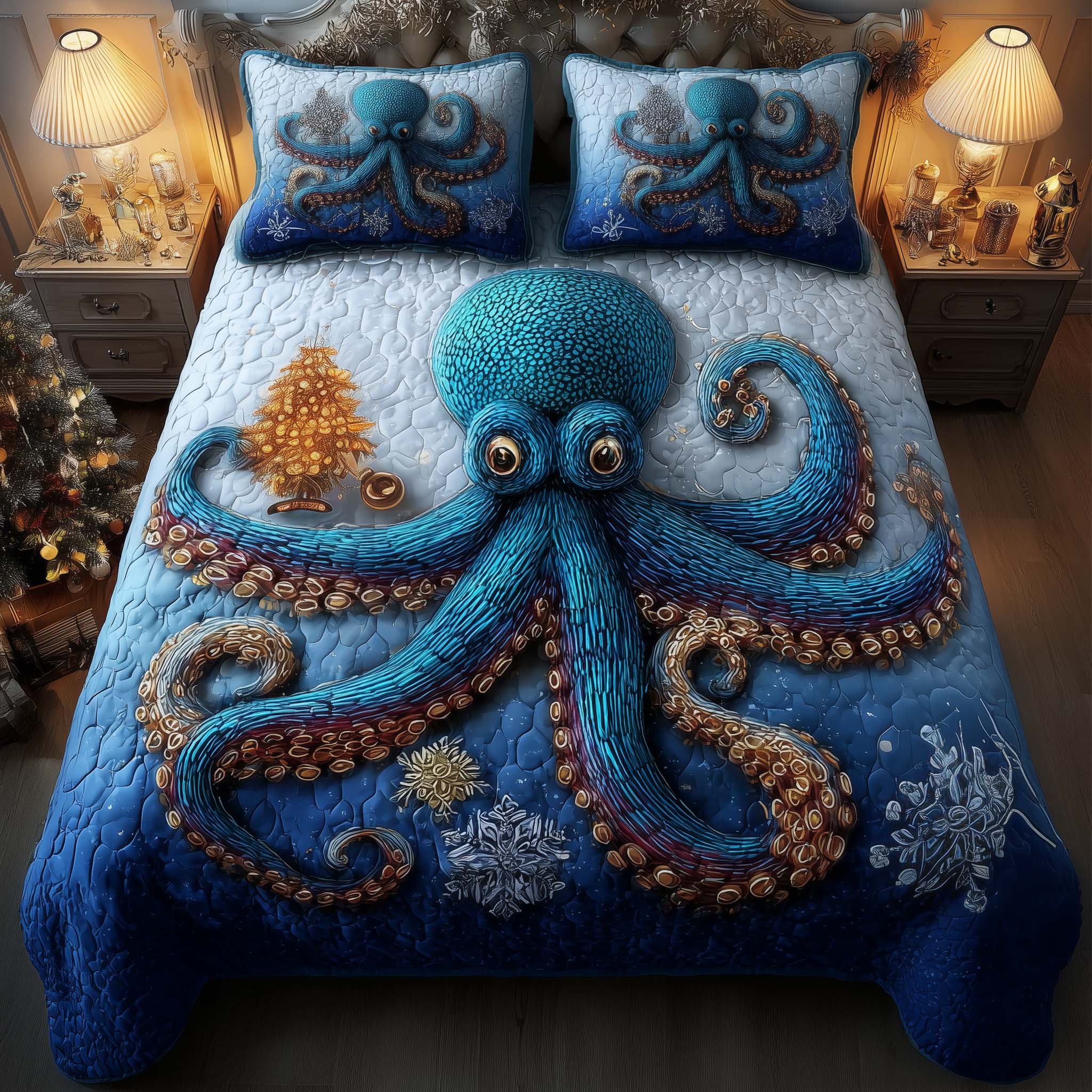 Festive Octopus Quilted Bedding Set Autumn Inspired Bedroom Cool Octopus Gifts - Tradiviet