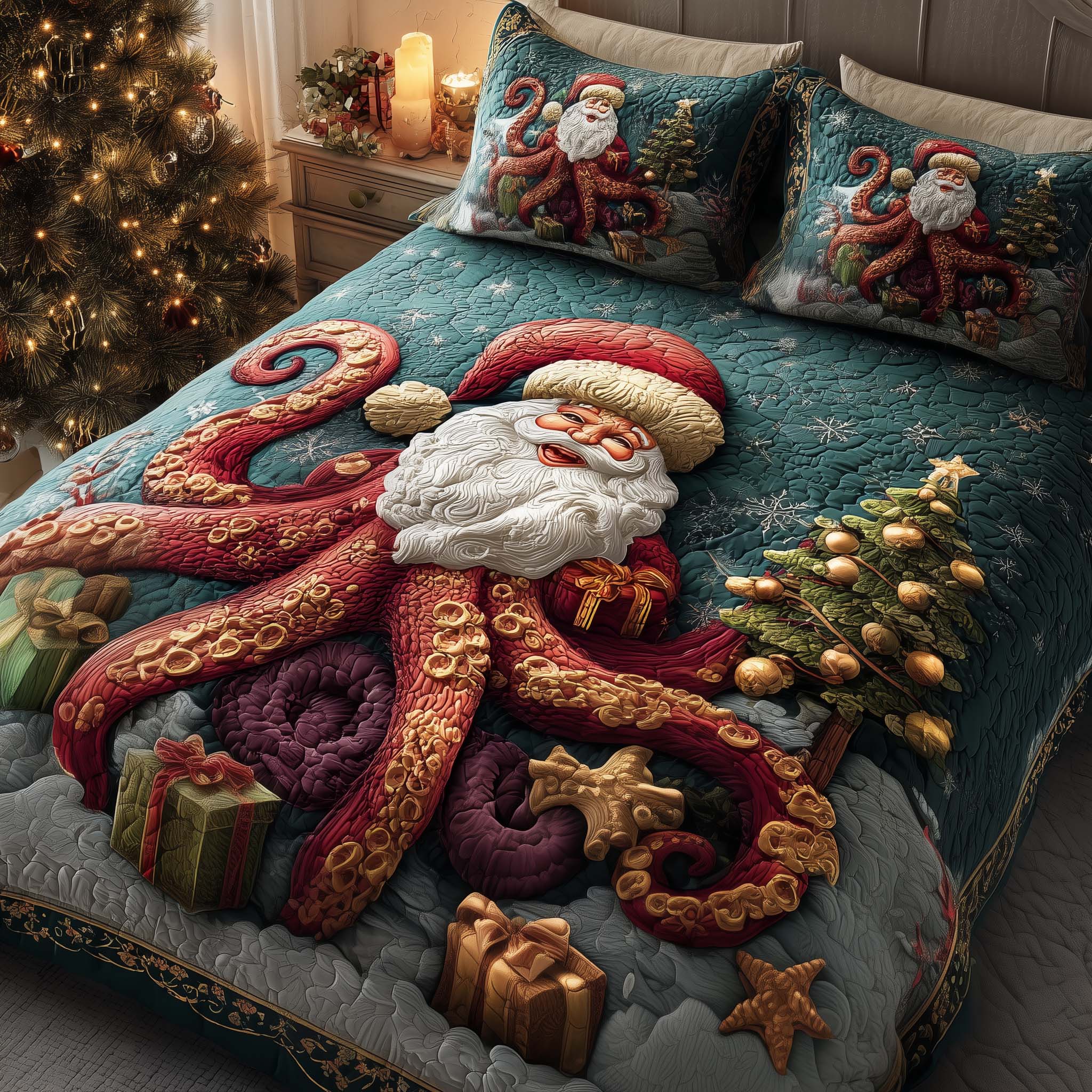 Festive Octopus Quilted Bedding Set Holiday Decorations Octopus Gifts For Men - Tradiviet
