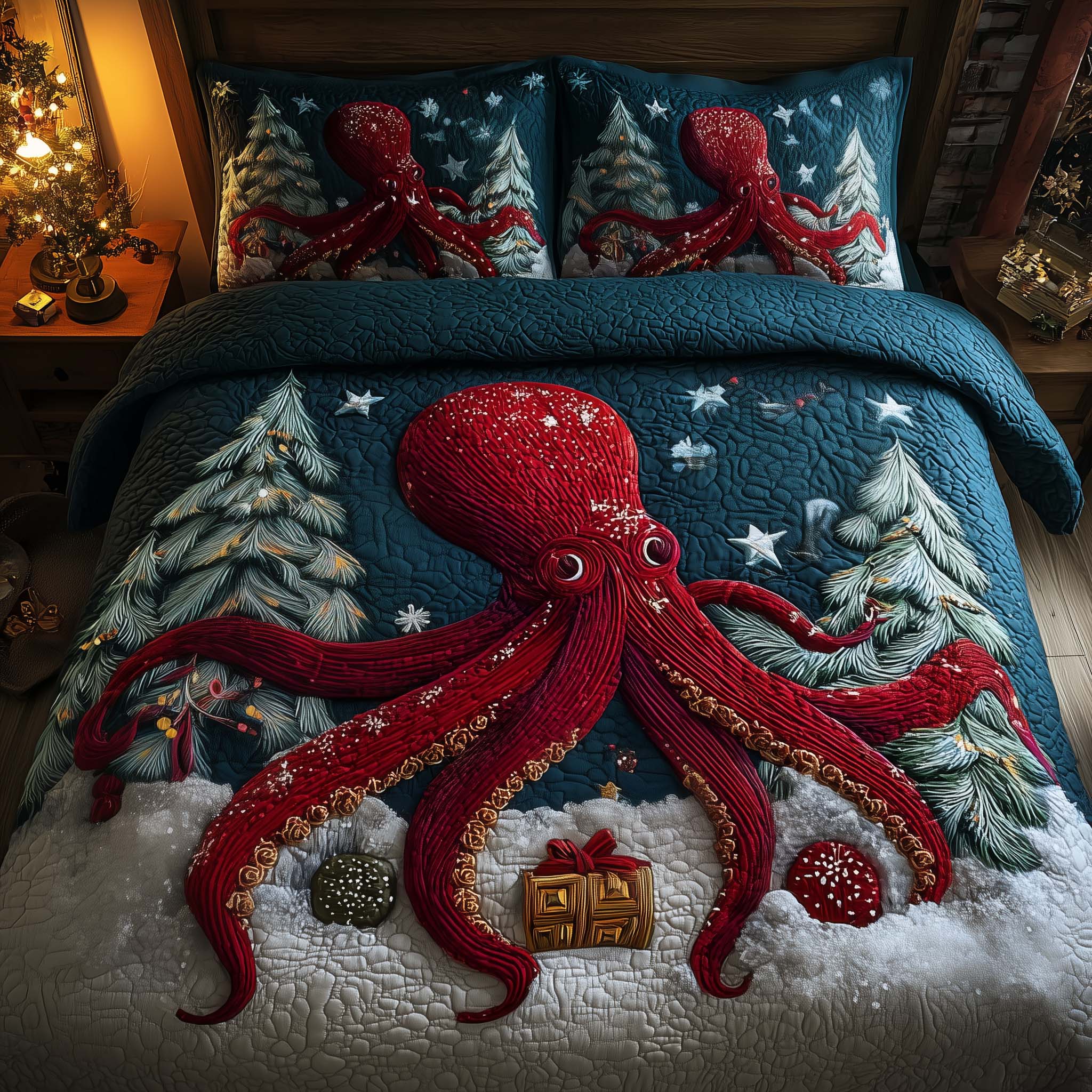 Festive Octopus Quilted Bedding Set Holiday Home Decor Ideas Octopus Lover Gifts - Tradiviet