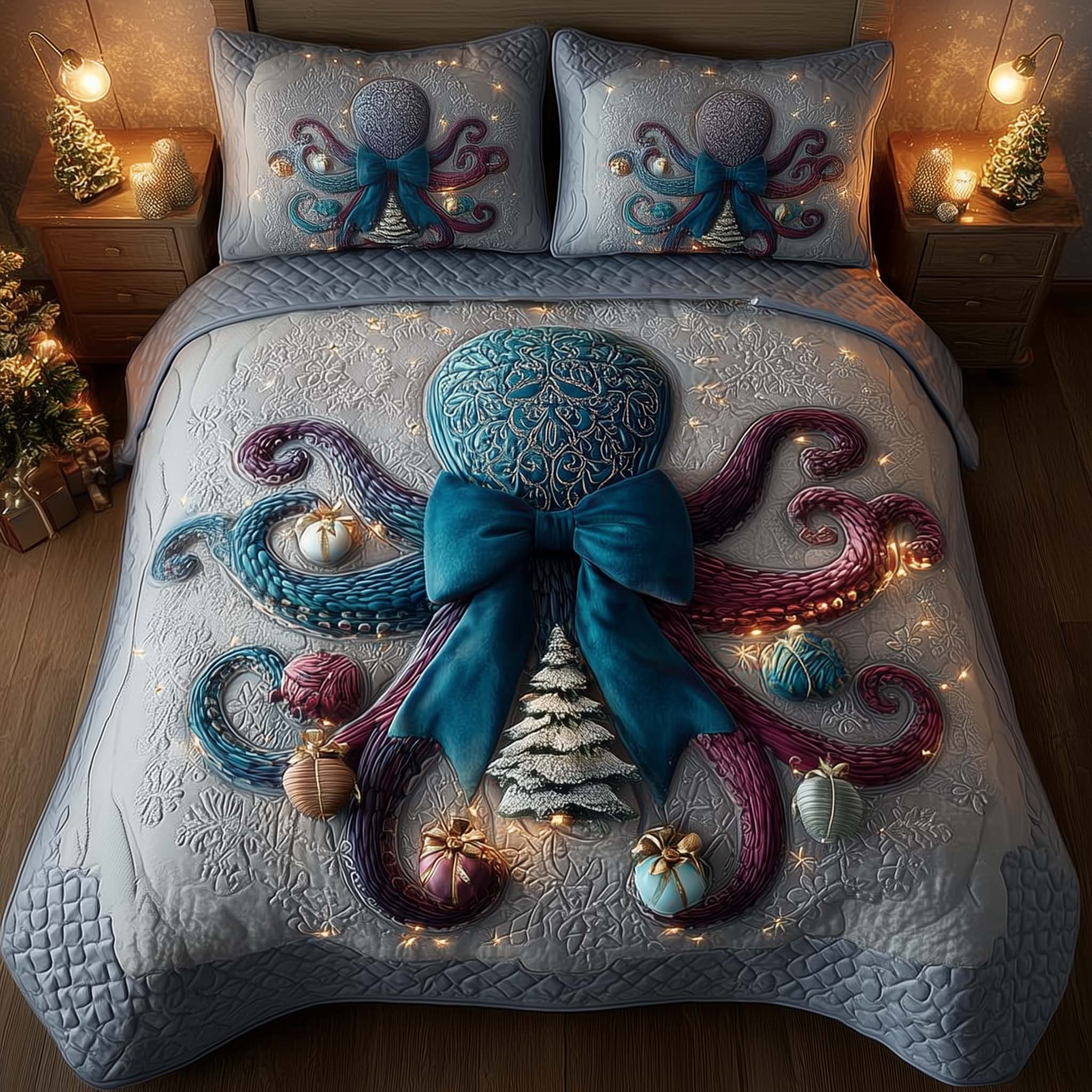 Festive Octopus Quilted Bedding Set Mens Bedroom Decor Octopus Gifts For Adults - Tradiviet