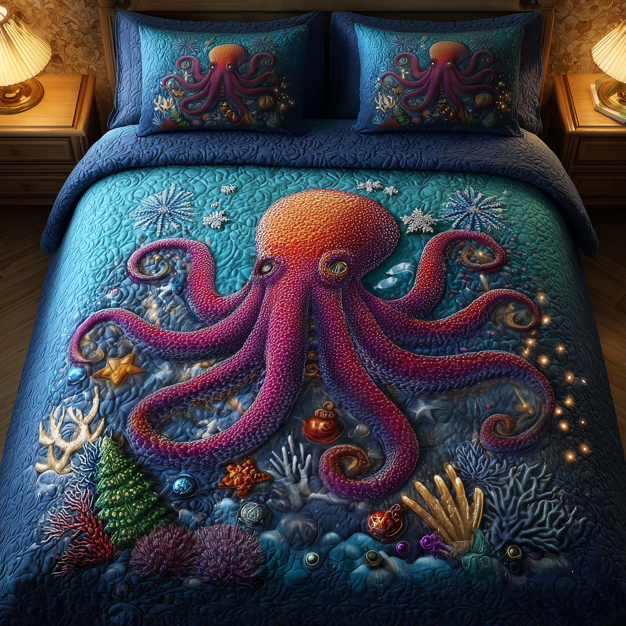 Festive Octopus Quilted Bedding Set Room Decoration Items Unique Octopus Gifts - Tradiviet