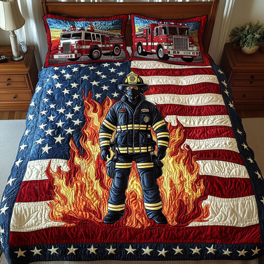 Firefighter Patriot  Quilted Bedding Set  King Size Bed Set Best 4Th Of July Gifts