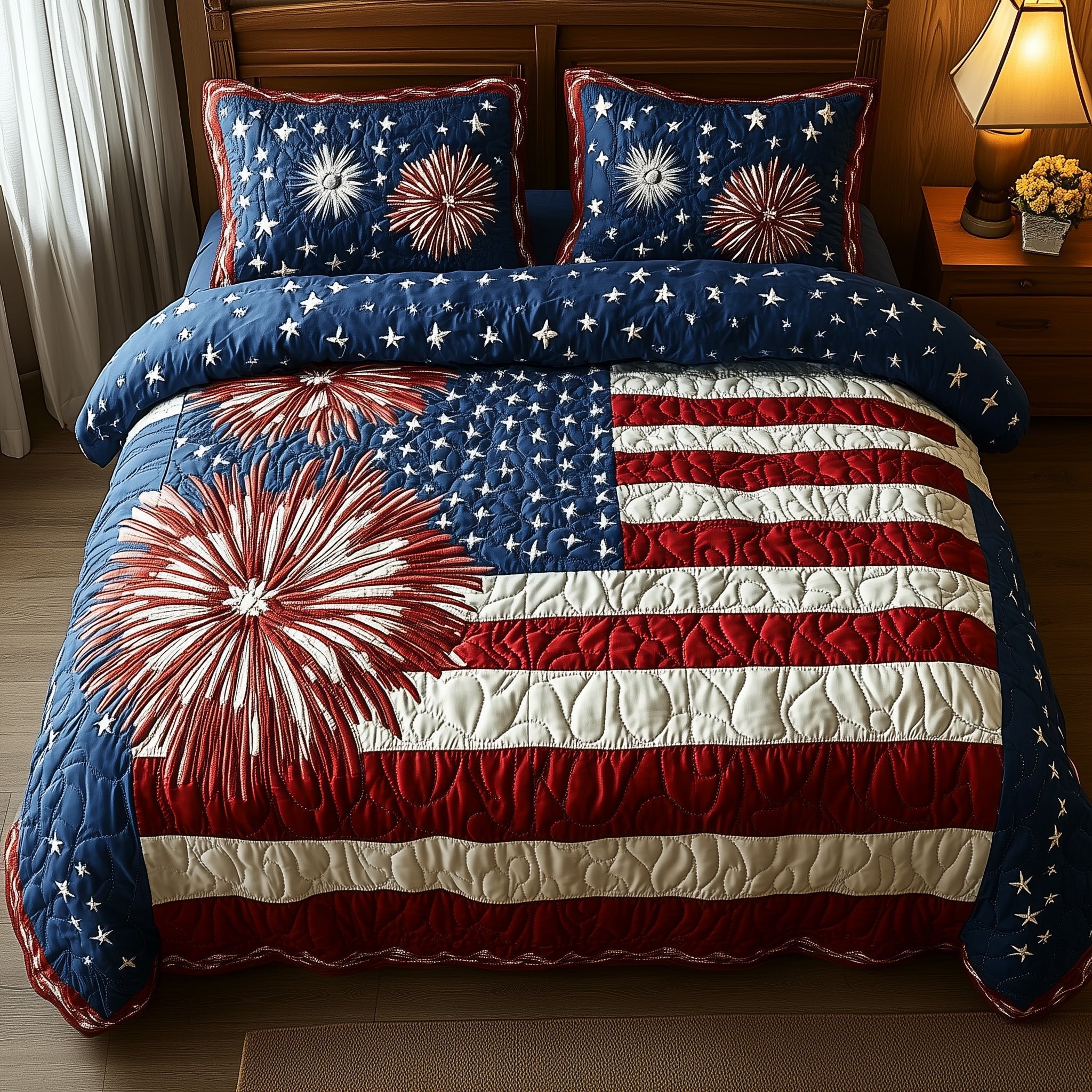 Fireworks Stars US Flag Quilted Bedding Set 4Th Of July Patriotic Bedding Gift For Home - Tradiviet