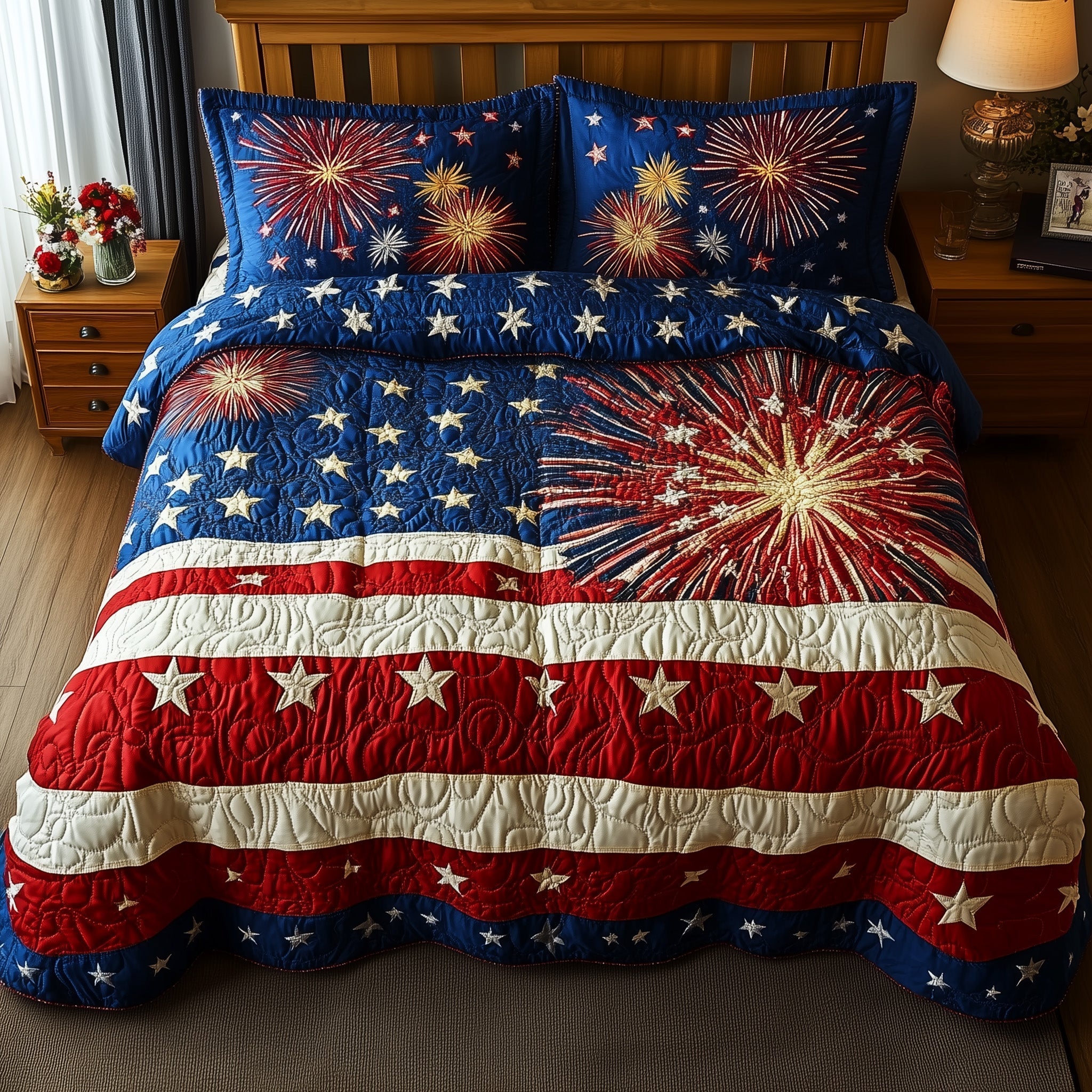 Fireworks Stars US Flag Quilted Bedding Set Patriotic 1776 Quilt Cover Set Gift For Home - Tradiviet
