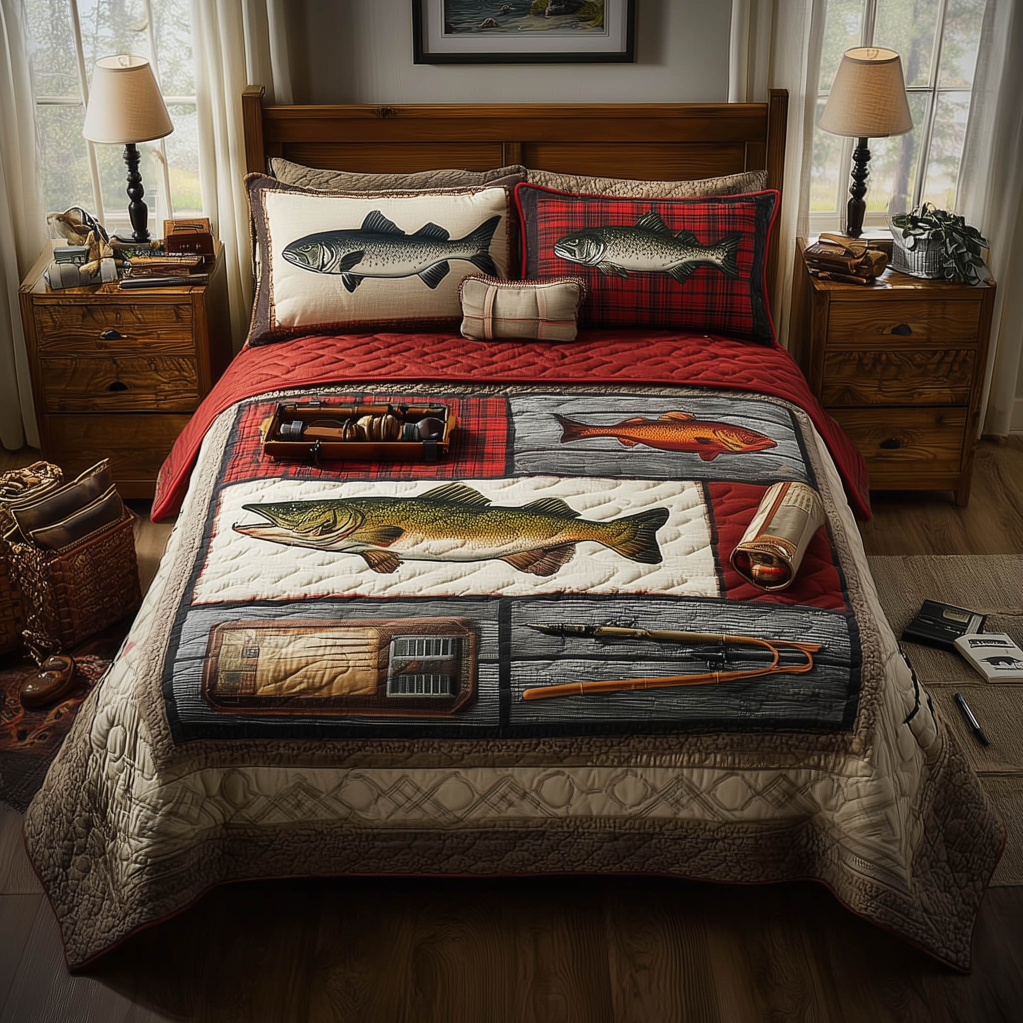 Fishing Delights Quilted Bedding Set Bohemian Bedroom Furniture Fishing Related Gifts - Tradiviet
