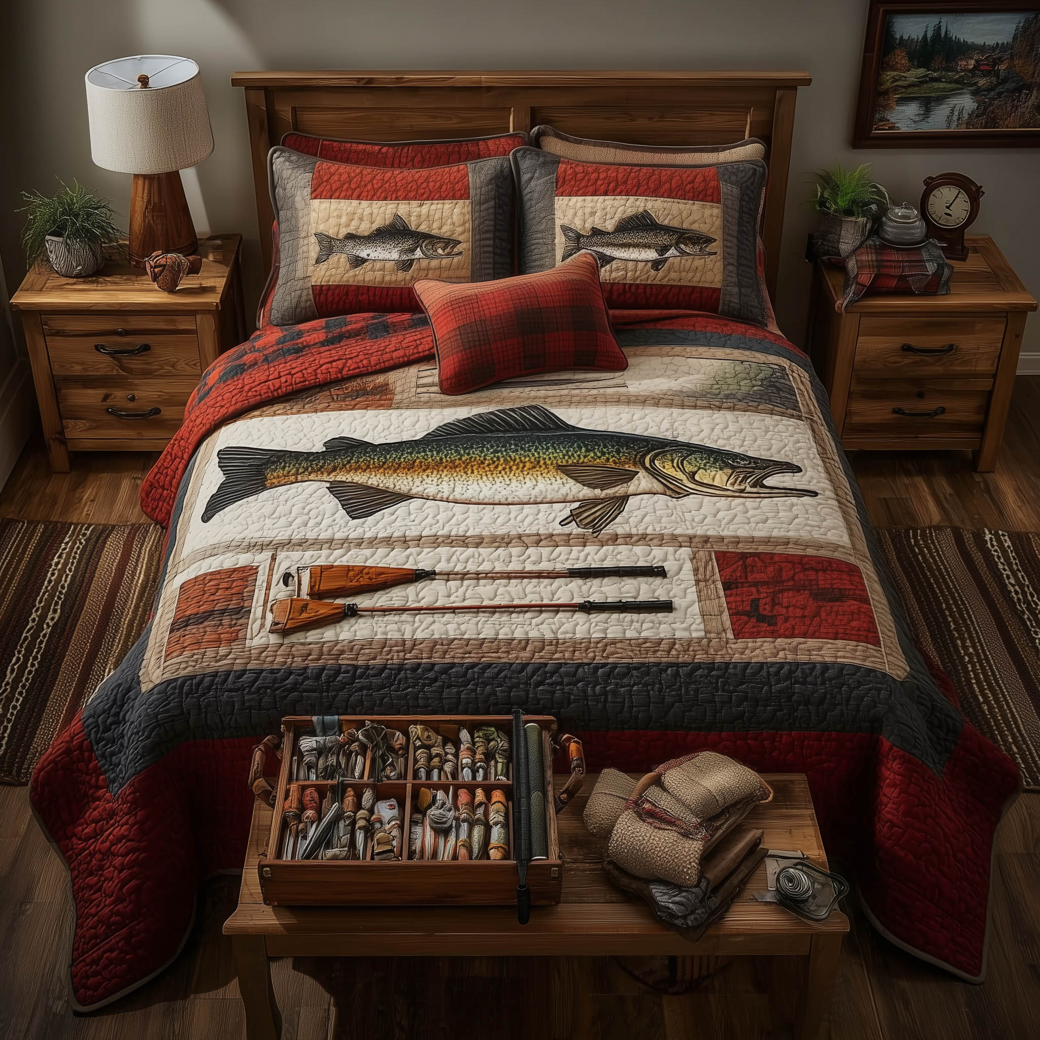 Fishing Delights Quilted Bedding Set Holiday Bed Room Decor Fishing Gift Ideas For Him - Tradiviet