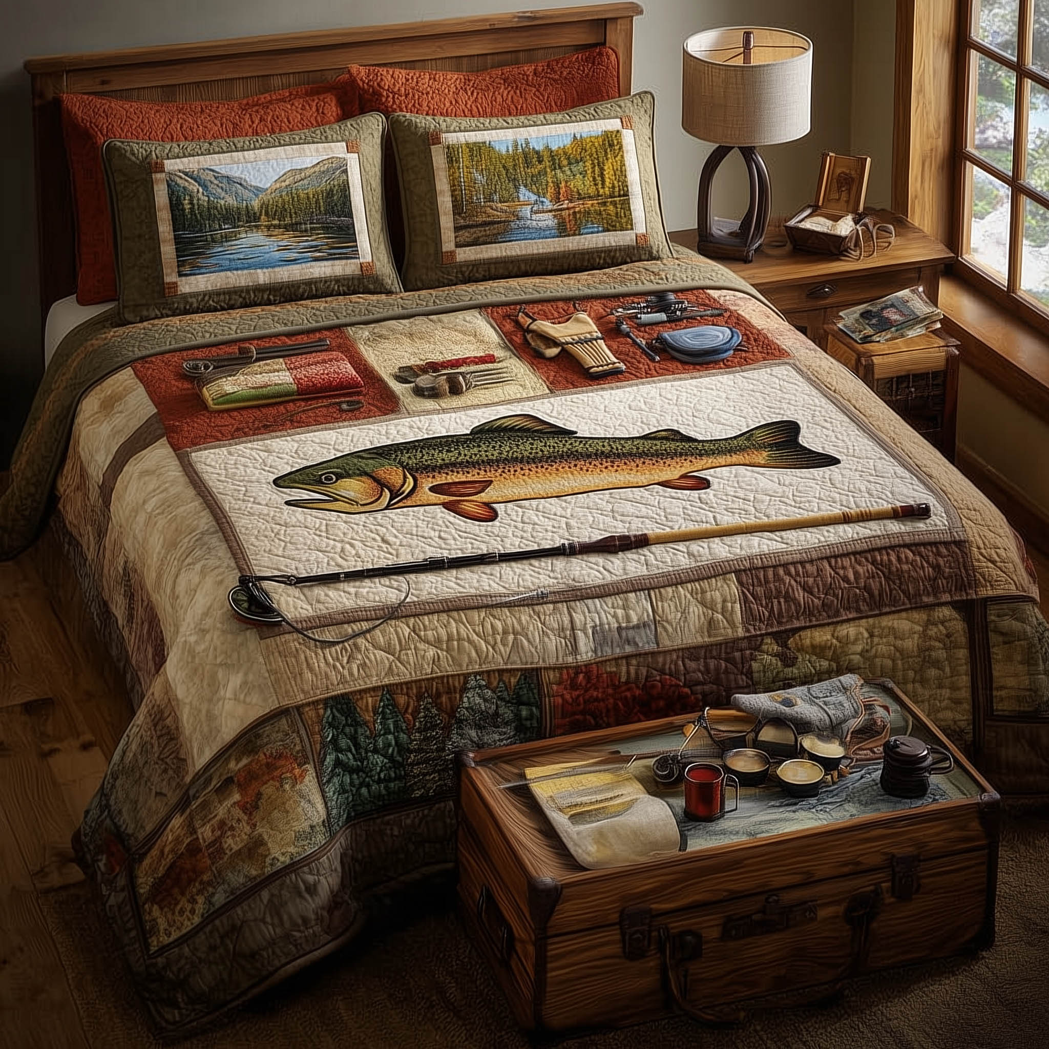 Fishing Delights Quilted Bedding Set Holiday Decorations Novelty Fishing Gifts - Tradiviet