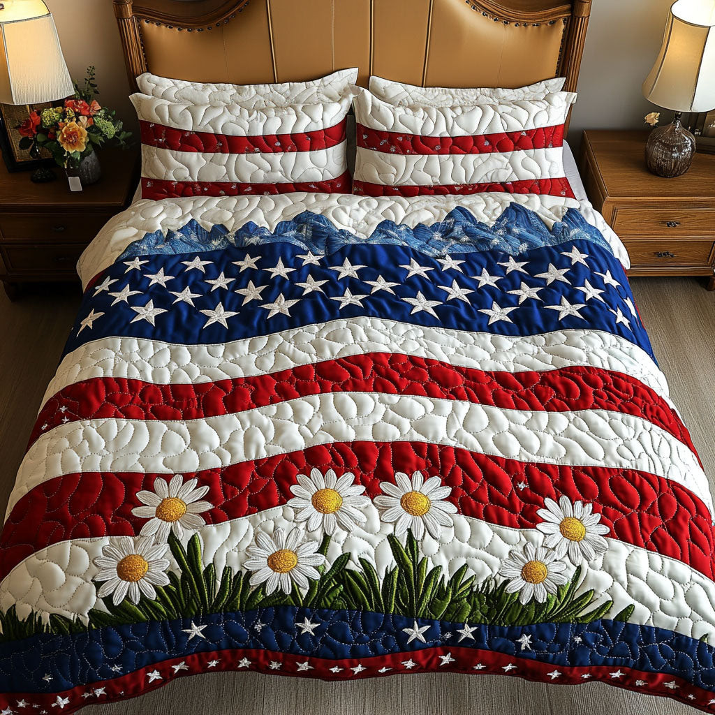 Flag and Flowers  Quilted Bedding Set  Best Luxury Sheets Fourth Of July Gifts
