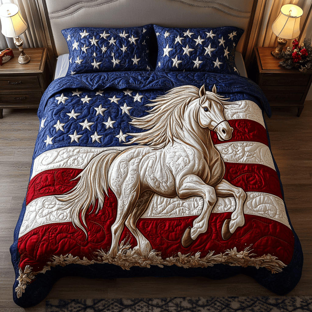 Flagged Steed  Quilted Bedding Set  Floral Duvet Cover 4Th Of July Gifts For Coworkers
