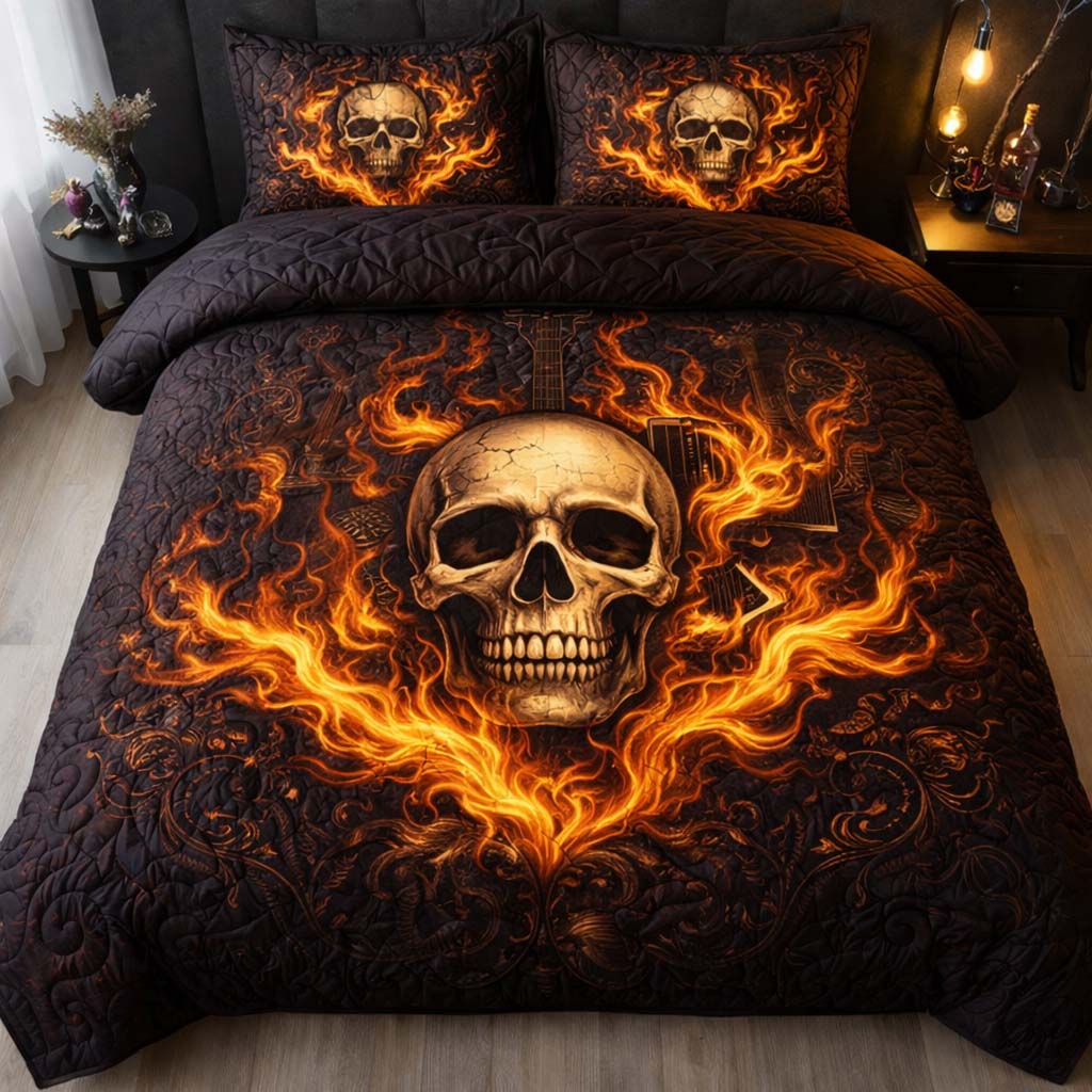 Flame Skull Quilted Bedding Set Holiday Home Decor Day Of The Dead Skull Gift For Him - Tradiviet