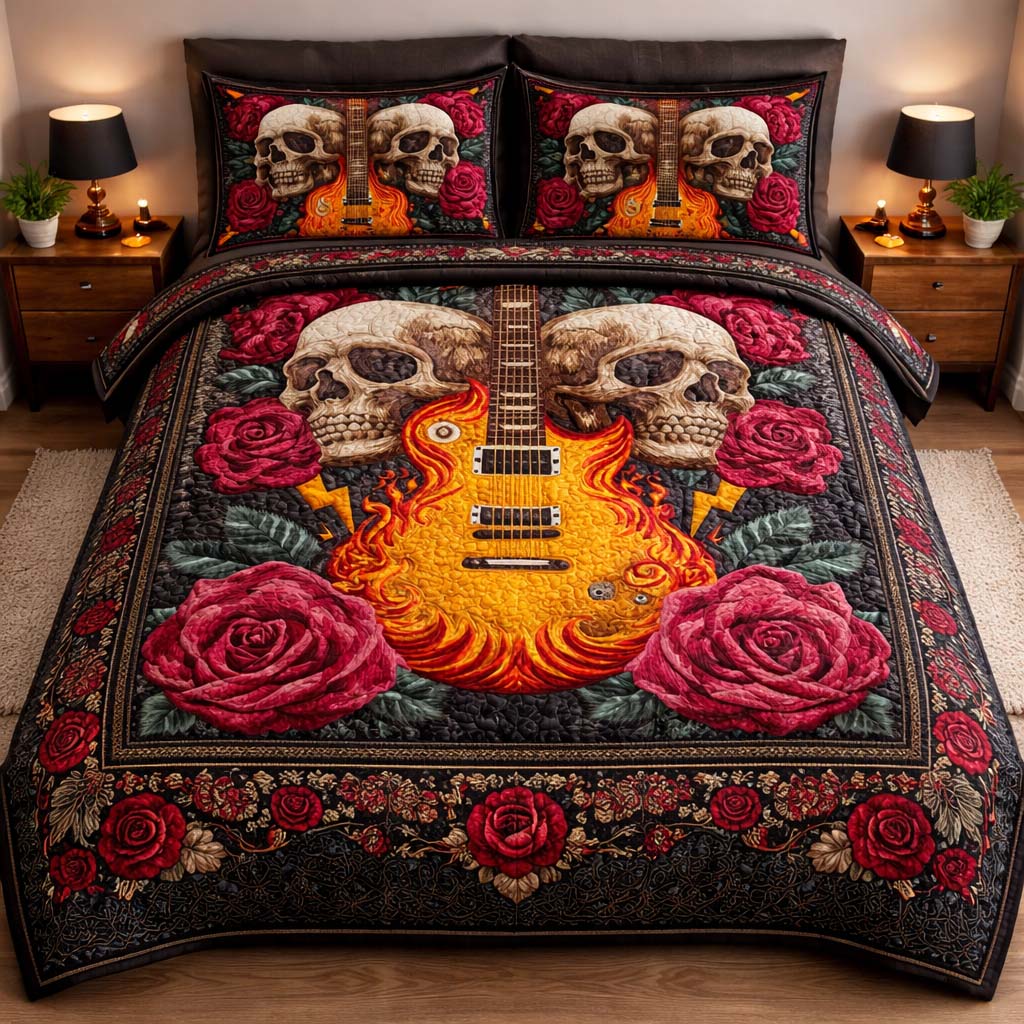 Flaming Guitar Skull Quilted Bedding Set Bed Room Decoration Unusual Skull Gifts - Tradiviet