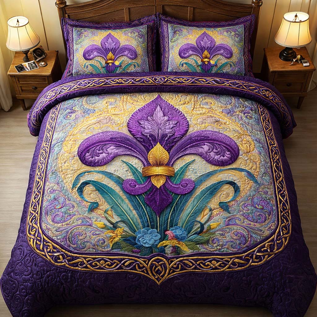 Fleur Crest Quilted Bedding Set Holiday Home Decor Gift For Elegant Homes - Tradiviet