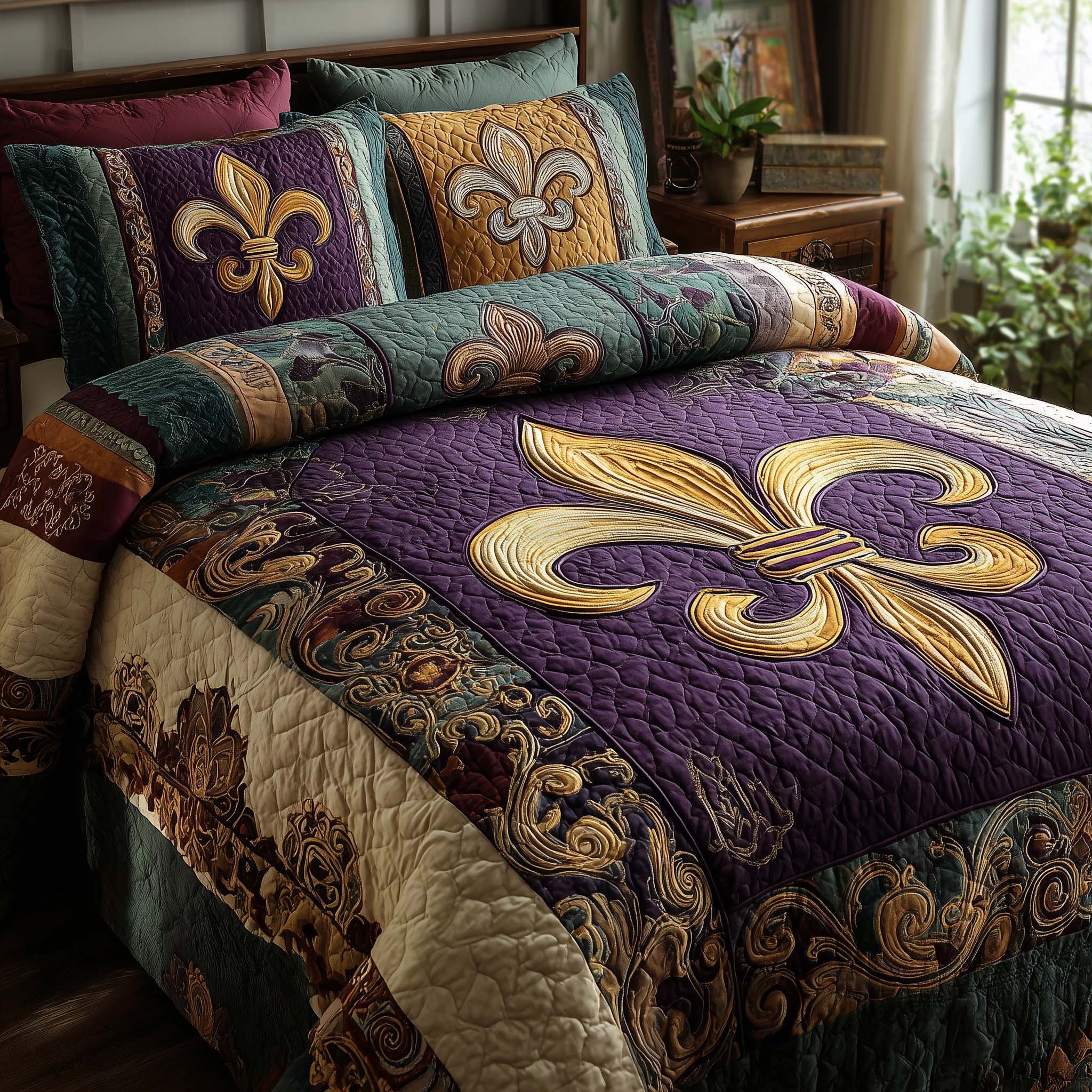 Fleur De Lis Quilted Bedding Set Bohemian Bedroom Furniture Gifts For The Flower Lover - Tradiviet