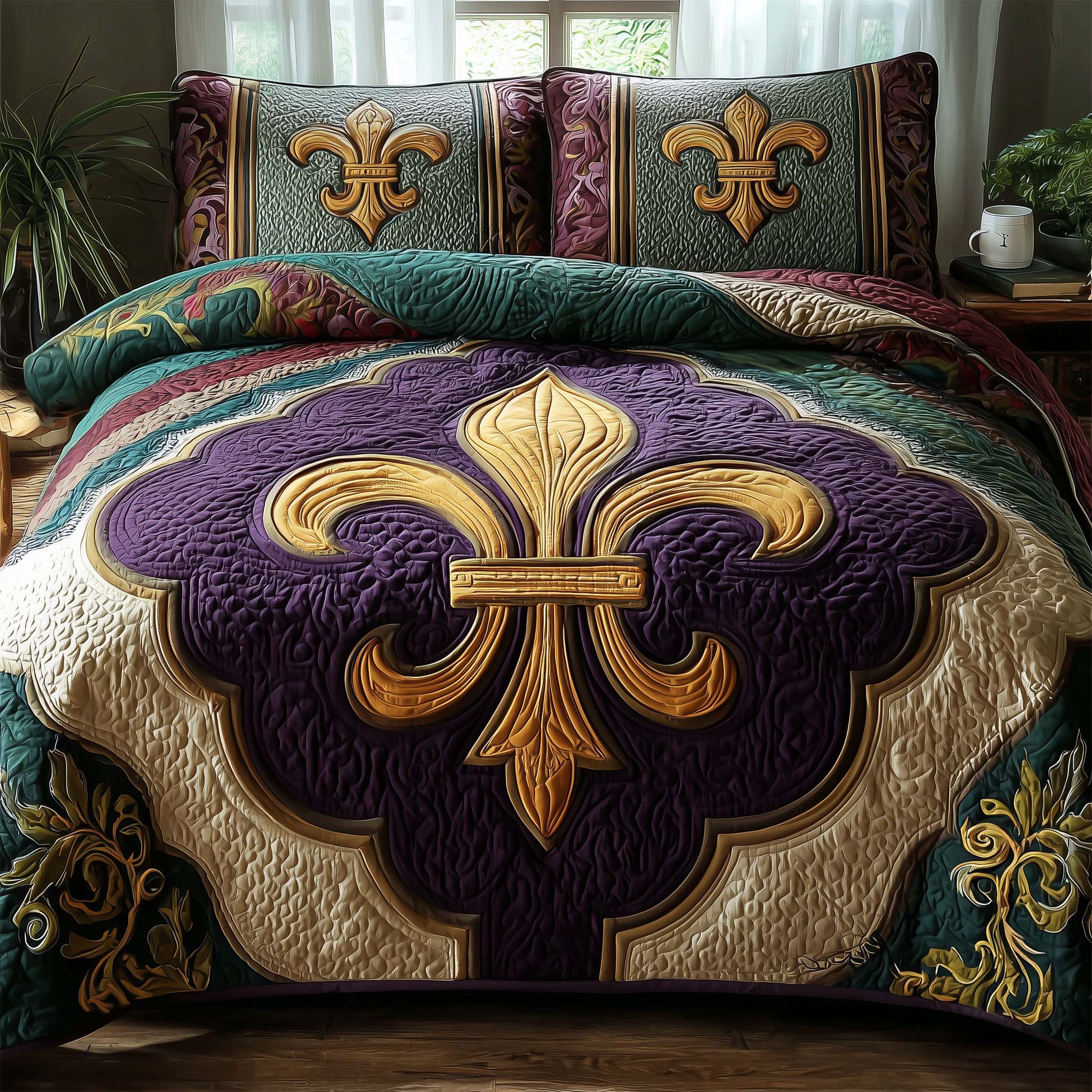 Fleur De Lis Quilted Bedding Set Holiday Bedroom Decor Best Gifts For Flower Lovers - Tradiviet